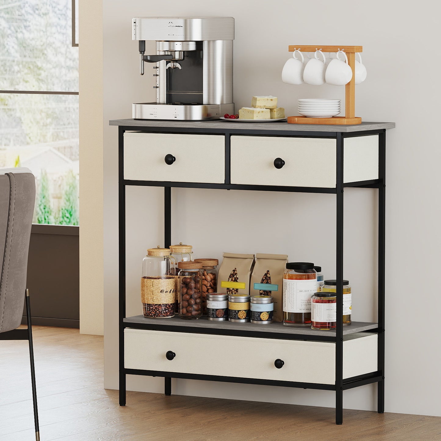 Farmhouse Console Table with Open Storage Shelf for Hallway-Gray