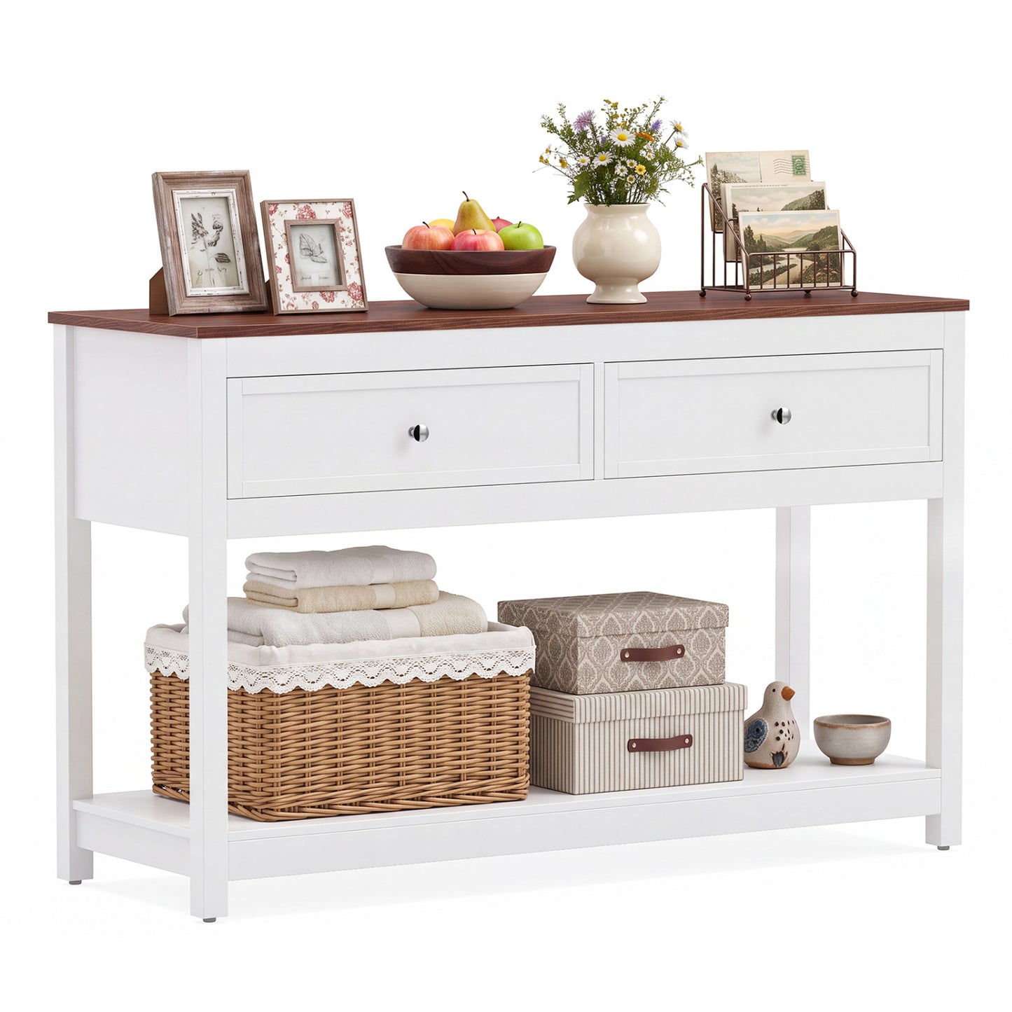 Farmhouse Console Table with 2 Drawers & Open Storage Shelf-White