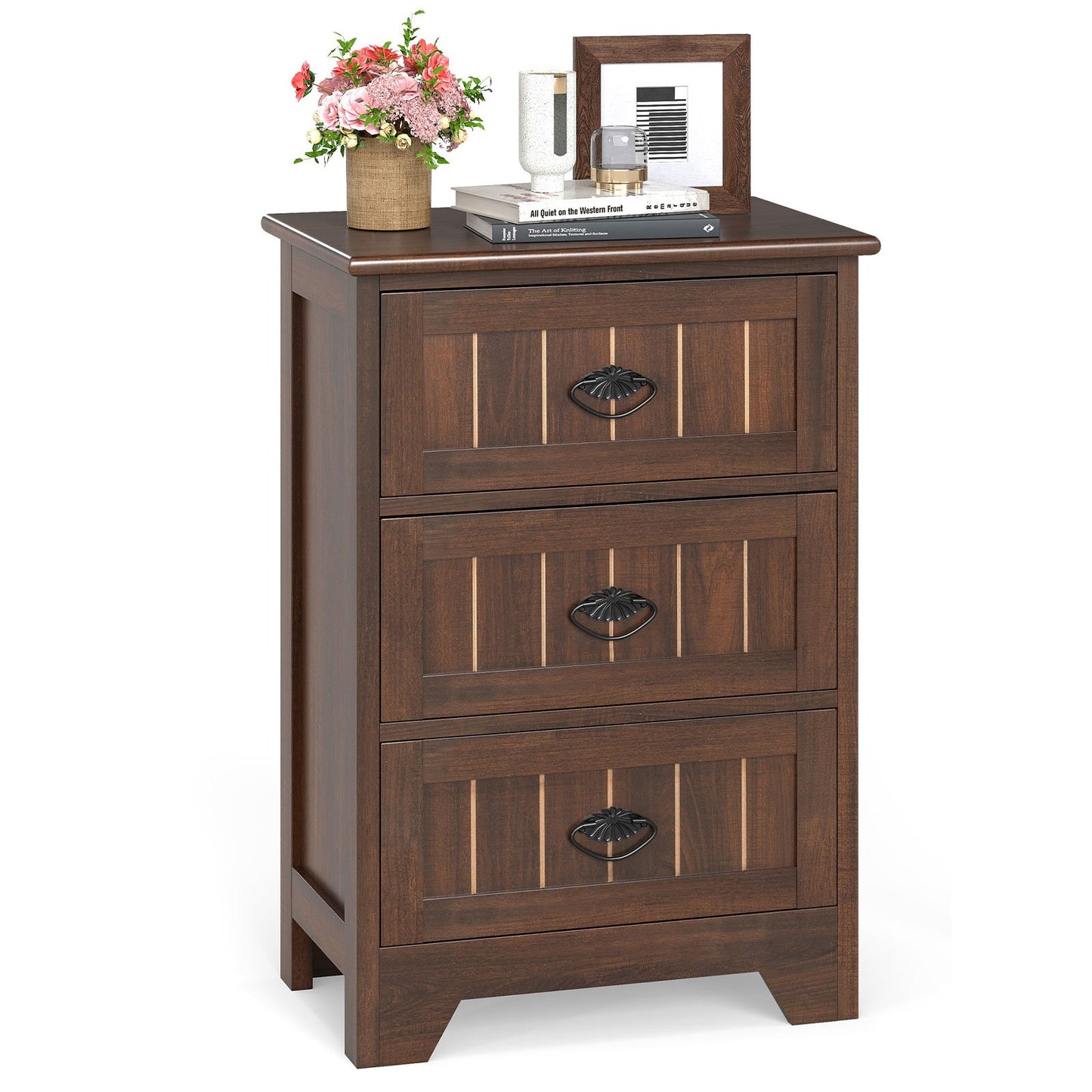 3 Drawers End Storage Wood Side Nightstand-Black