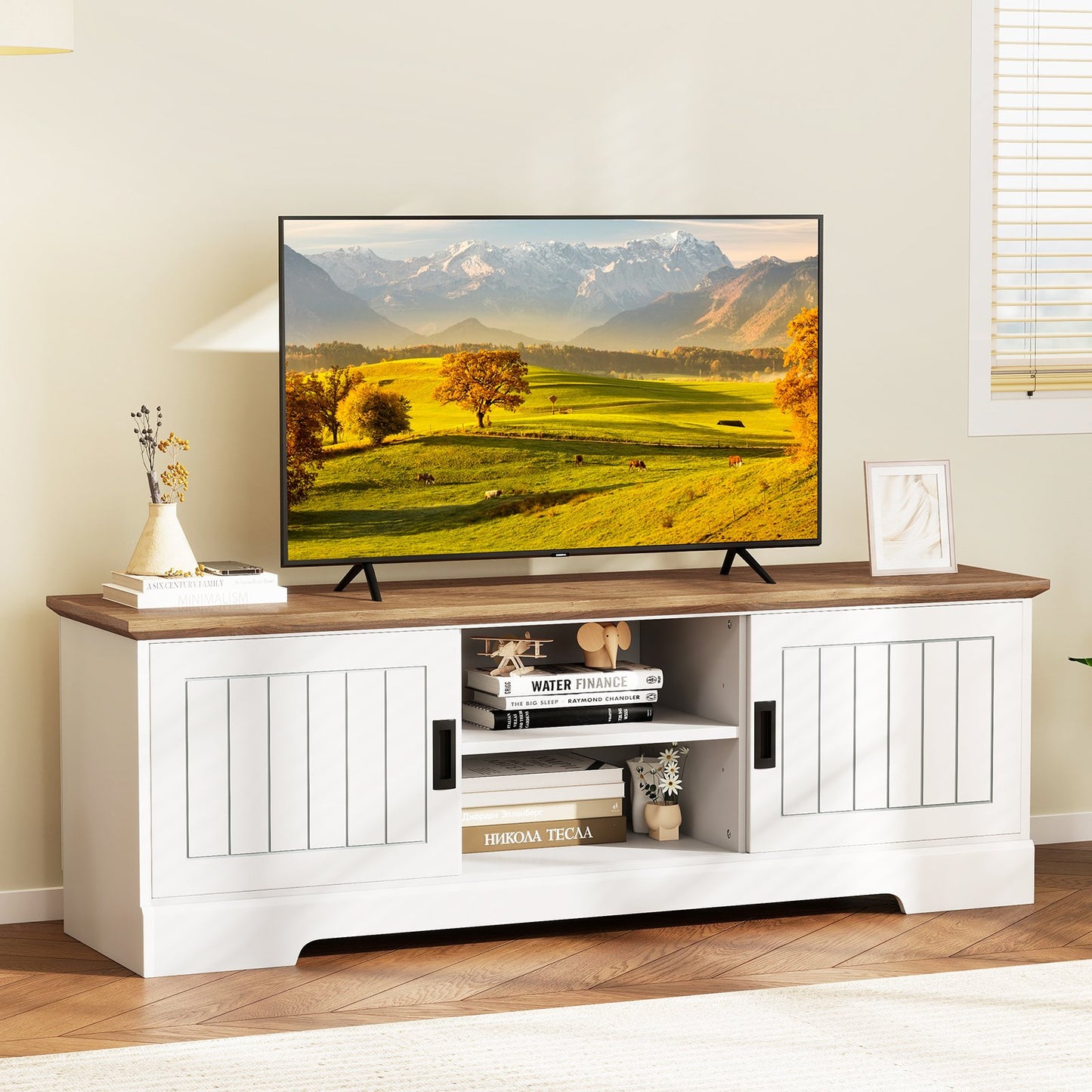 Farmhouse TV Stand for TVs up to 65 Inch with Sliding Doors and Storage Cabinets-White
