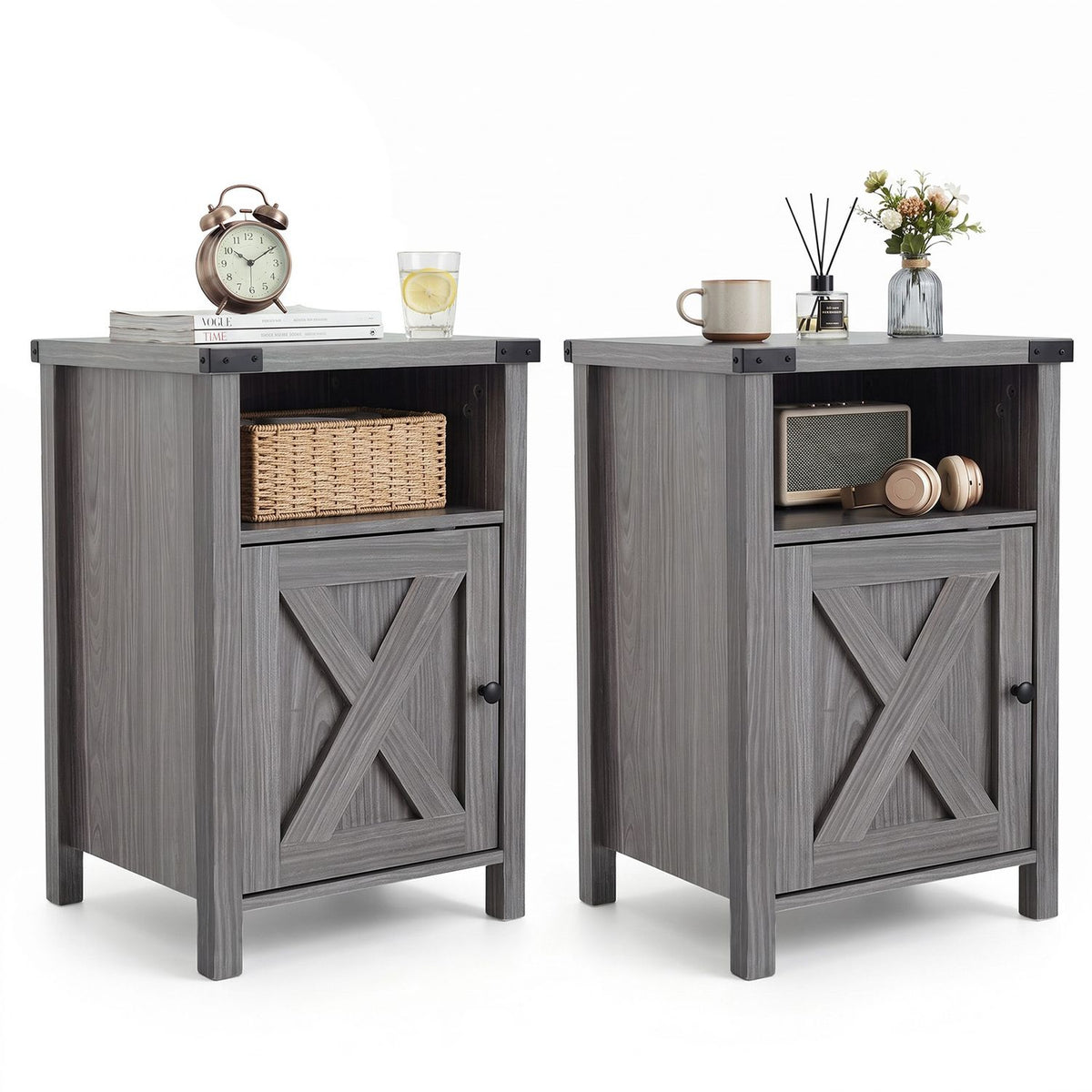 Farmhouse Wooden Nightstand with Barn Door and Storage Cabinet-1pack