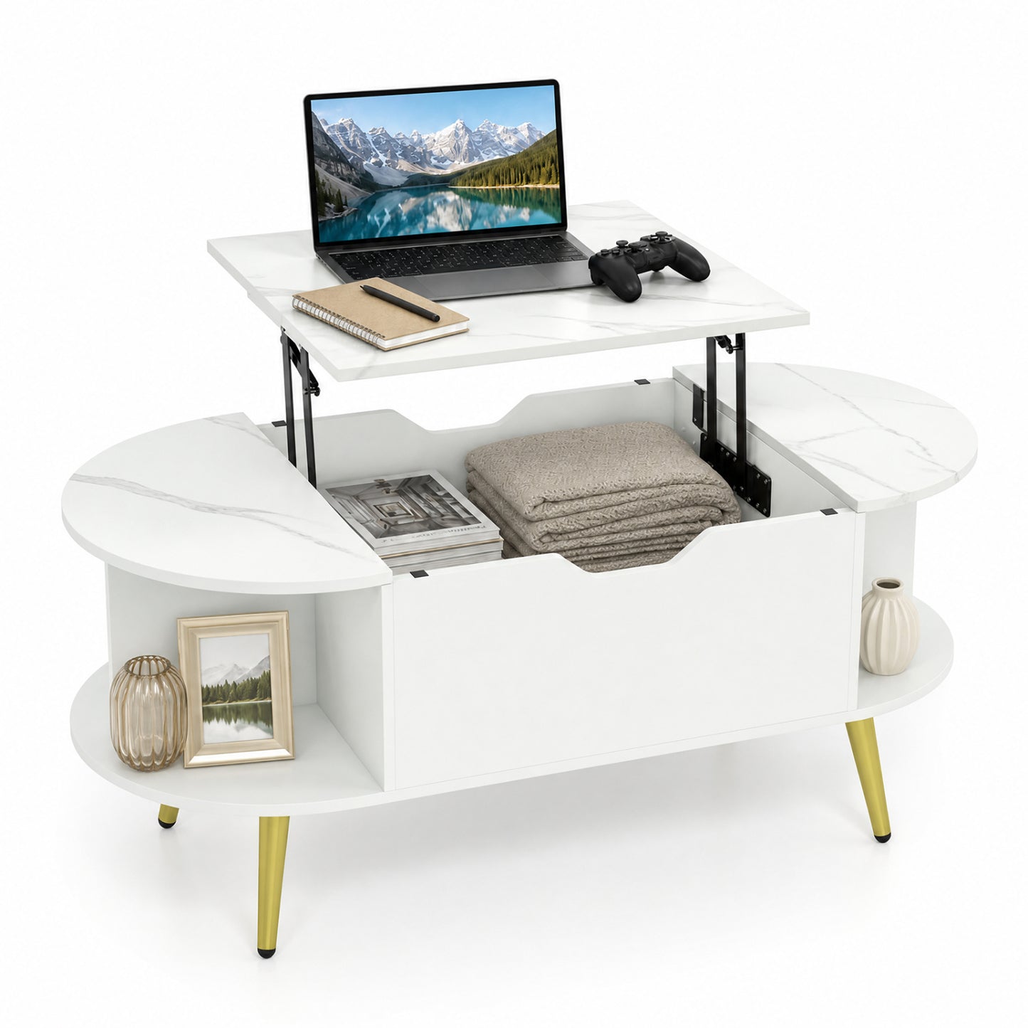 Faux Marble Lift Top Coffee Table with Hidden Compartment and Shelves-Black