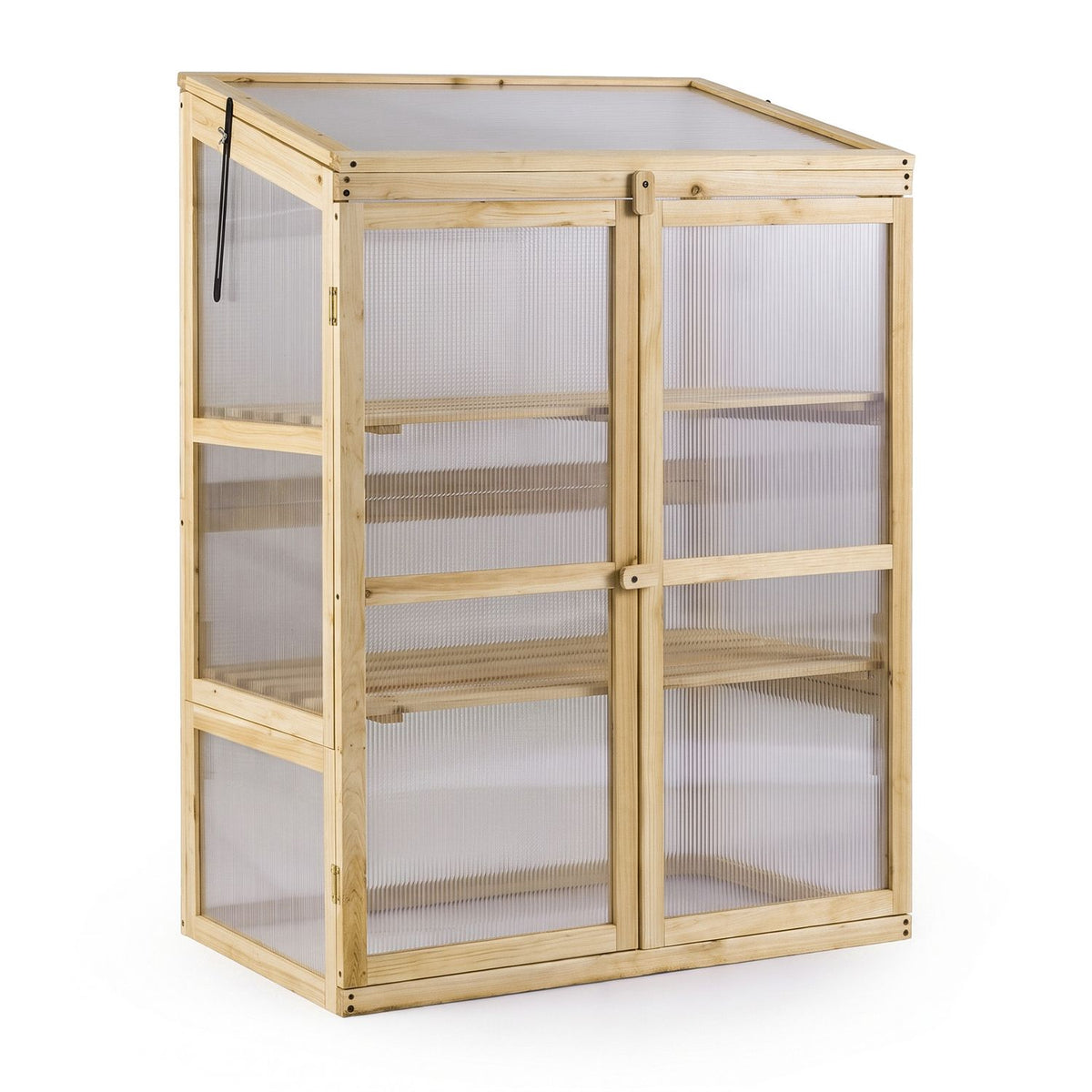 Fir Wood Greenhouse Cabinet with Transparent Flip-Top Roof and 2-Door Plants Shelf Protection-Brown