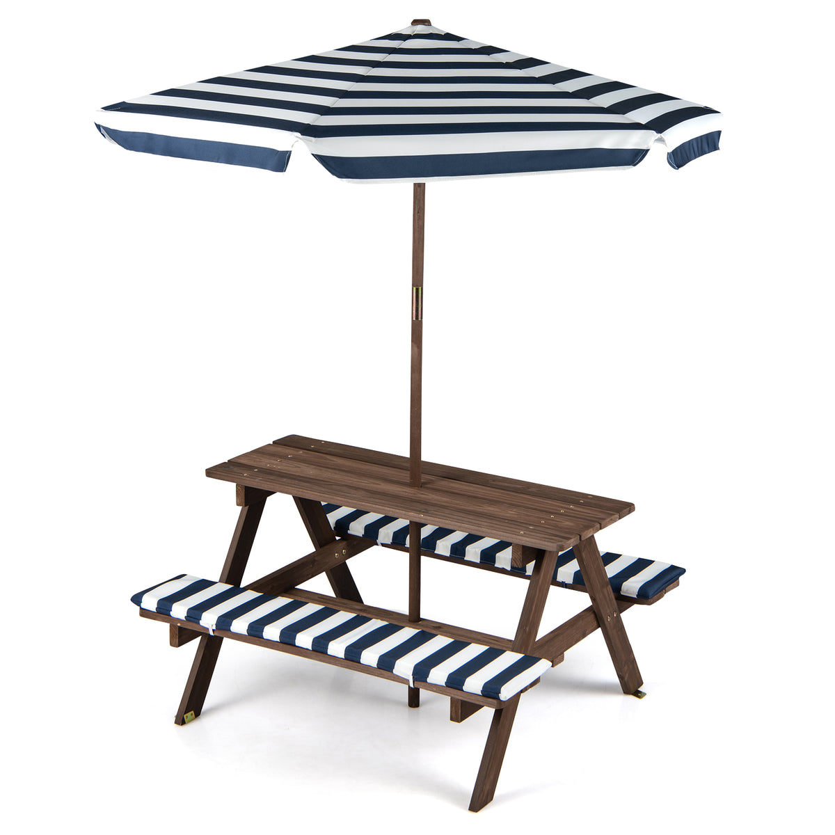 Fir wood kids picnic table with two built-in benches and umbrella for outdoor play, ideal for toddlers and children.