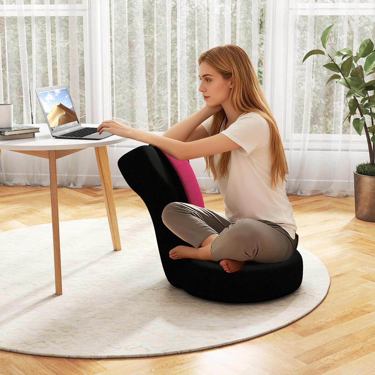 Floor Comfy Gaming Leisure Chair with Adjustable Headrest and Backrest-Gray