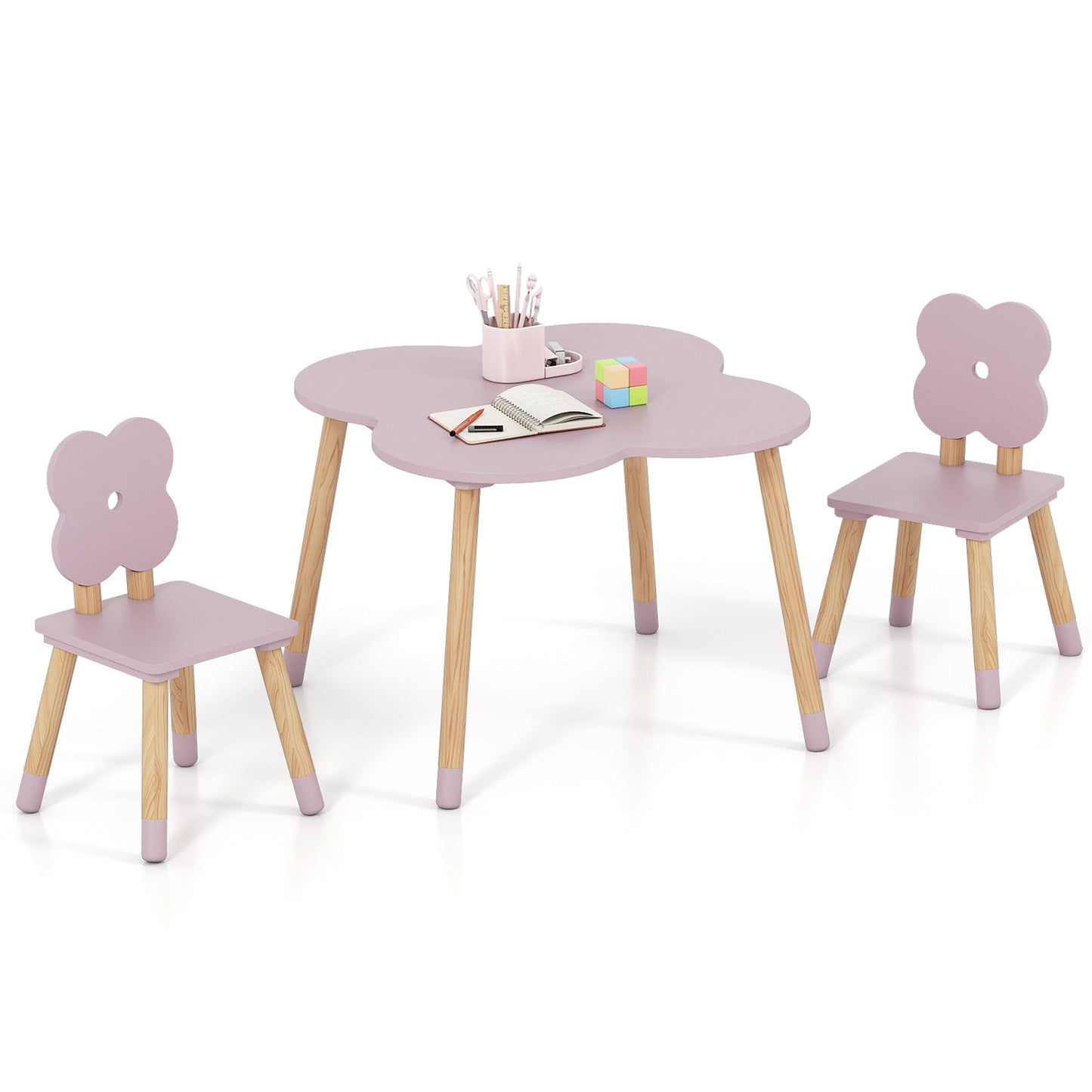 Flower-shaped Kids Table Set with Solid Pine Wood Legs-Pink