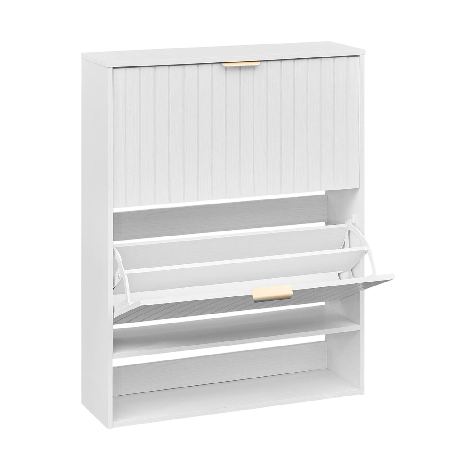 Walnut fluted hidden shoe cabinet with 2 flip drawers and open storage, stylish entryway shoe rack by Wilsons Home Store