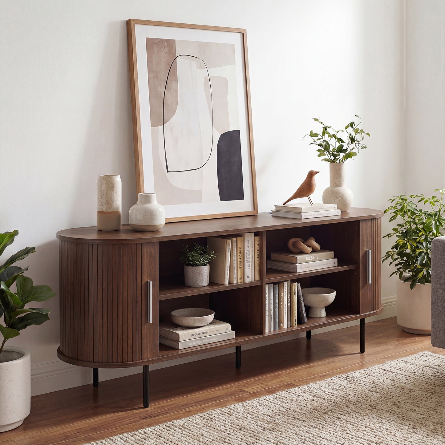 Fluted TV Stand for TVs up to 60" Mid Century Curved Entertainment Center-Natural