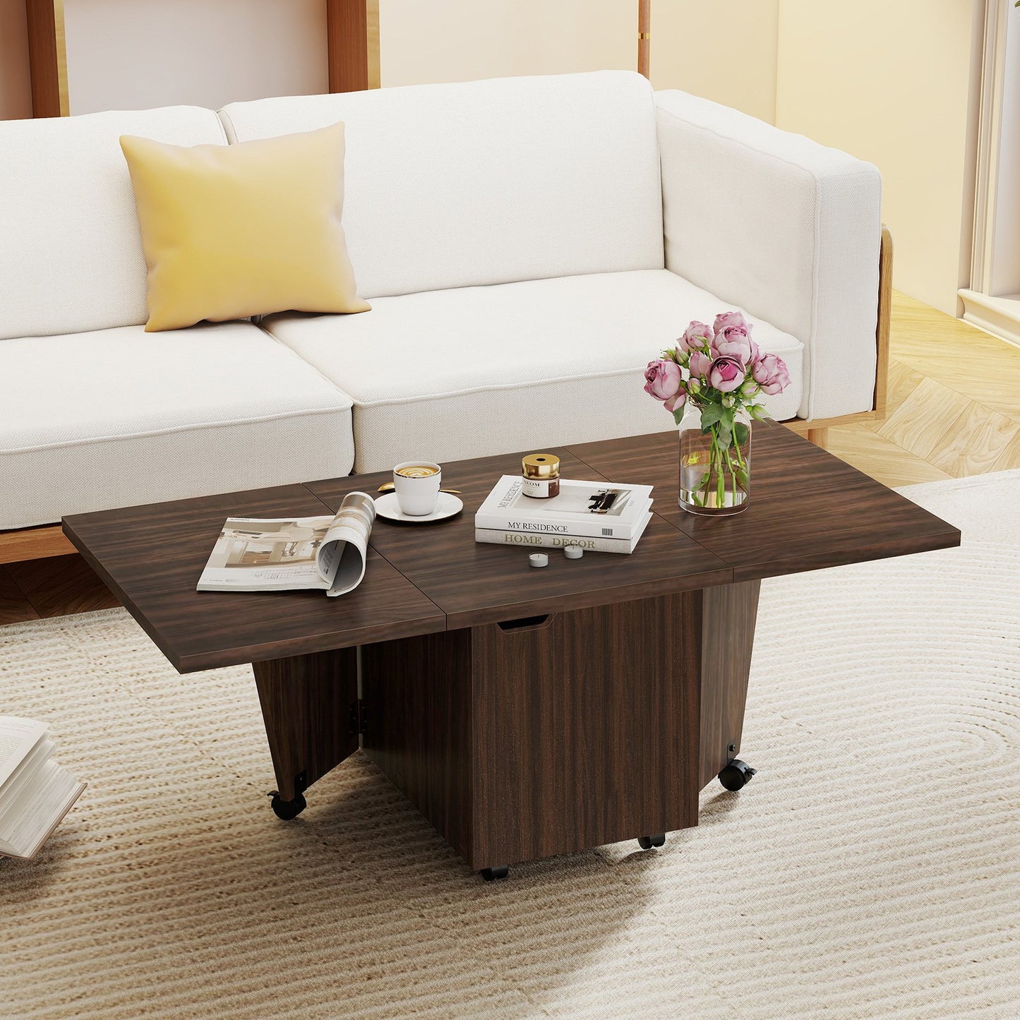 Foldable Coffee Table with Storage Cabinet Extendable Center Table-Oak