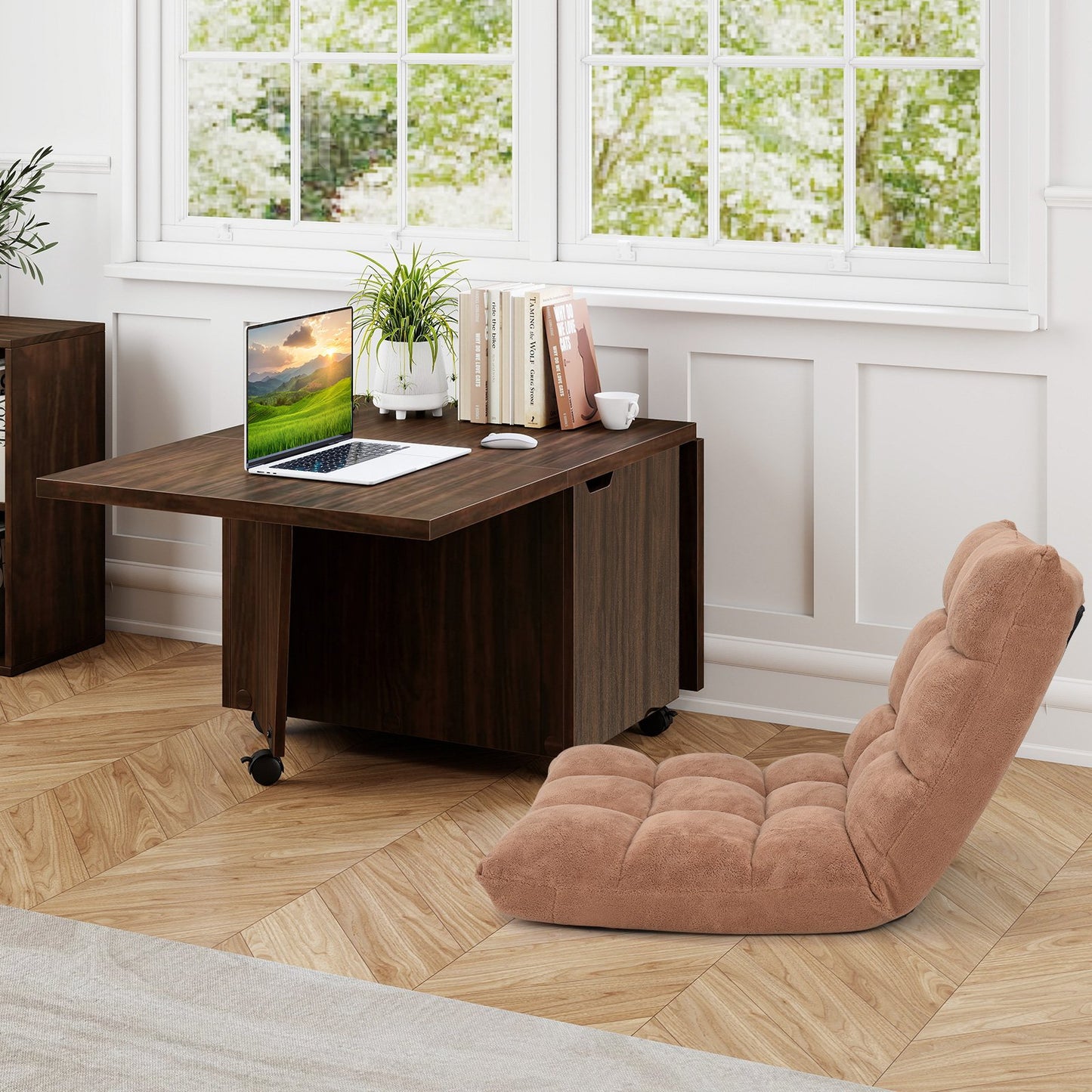 Foldable Coffee Table with Storage Cabinet Extendable Center Table-Oak