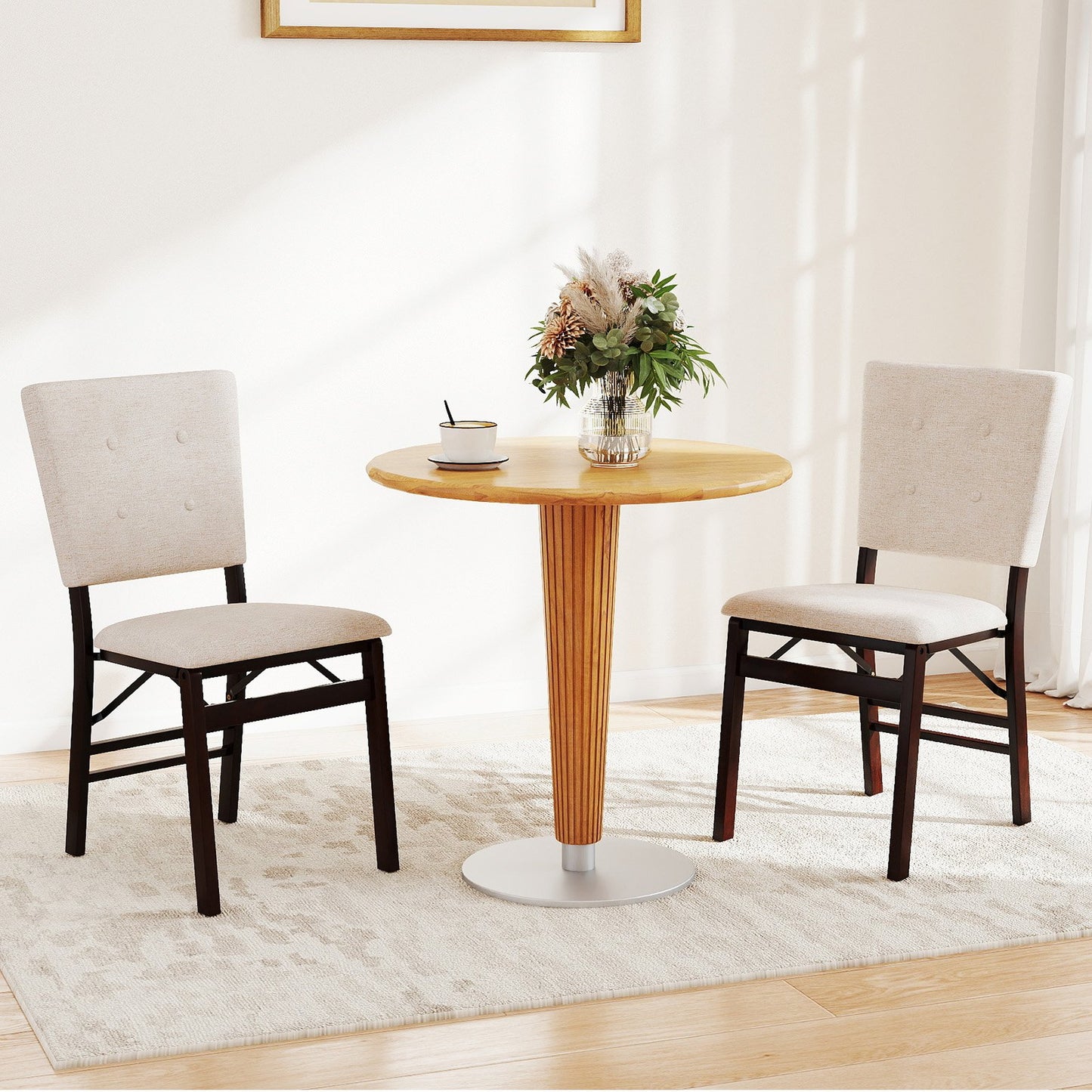 Foldable Dining Chair Set of 2 Armless Kitchen Chair with Padded Seat and Tilt Backrest-Beige