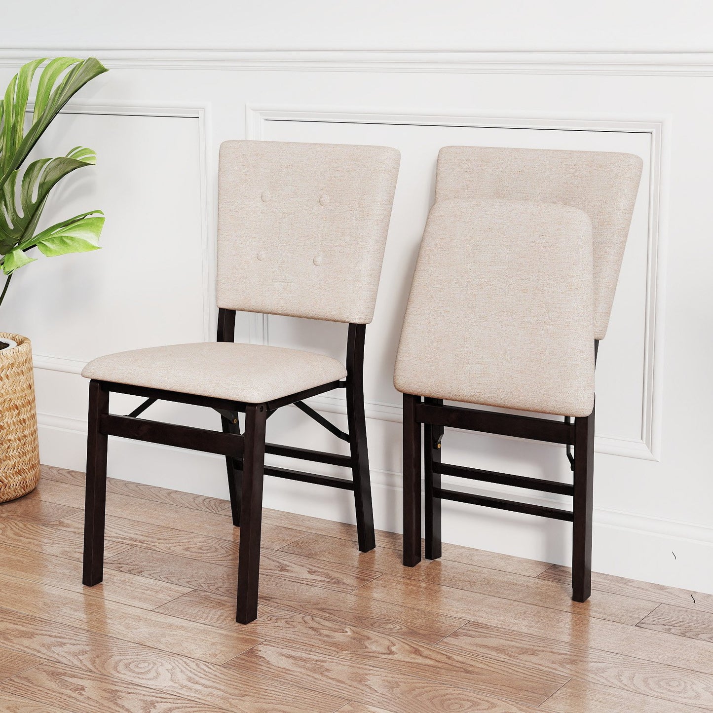 Foldable Dining Chair Set of 2 Armless Kitchen Chair with Padded Seat and Tilt Backrest-Beige