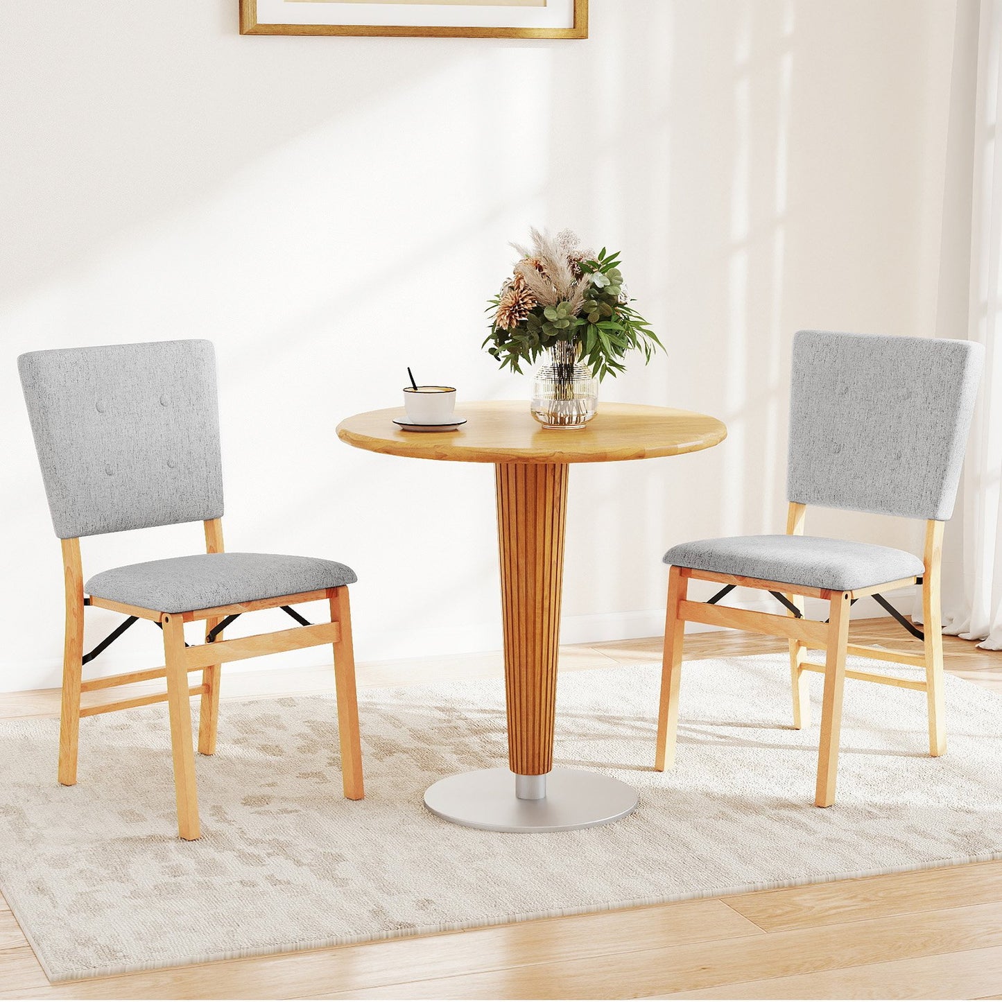 Foldable Dining Chair Set of 2 Armless Kitchen Chair with Padded Seat and Tilt Backrest-Beige