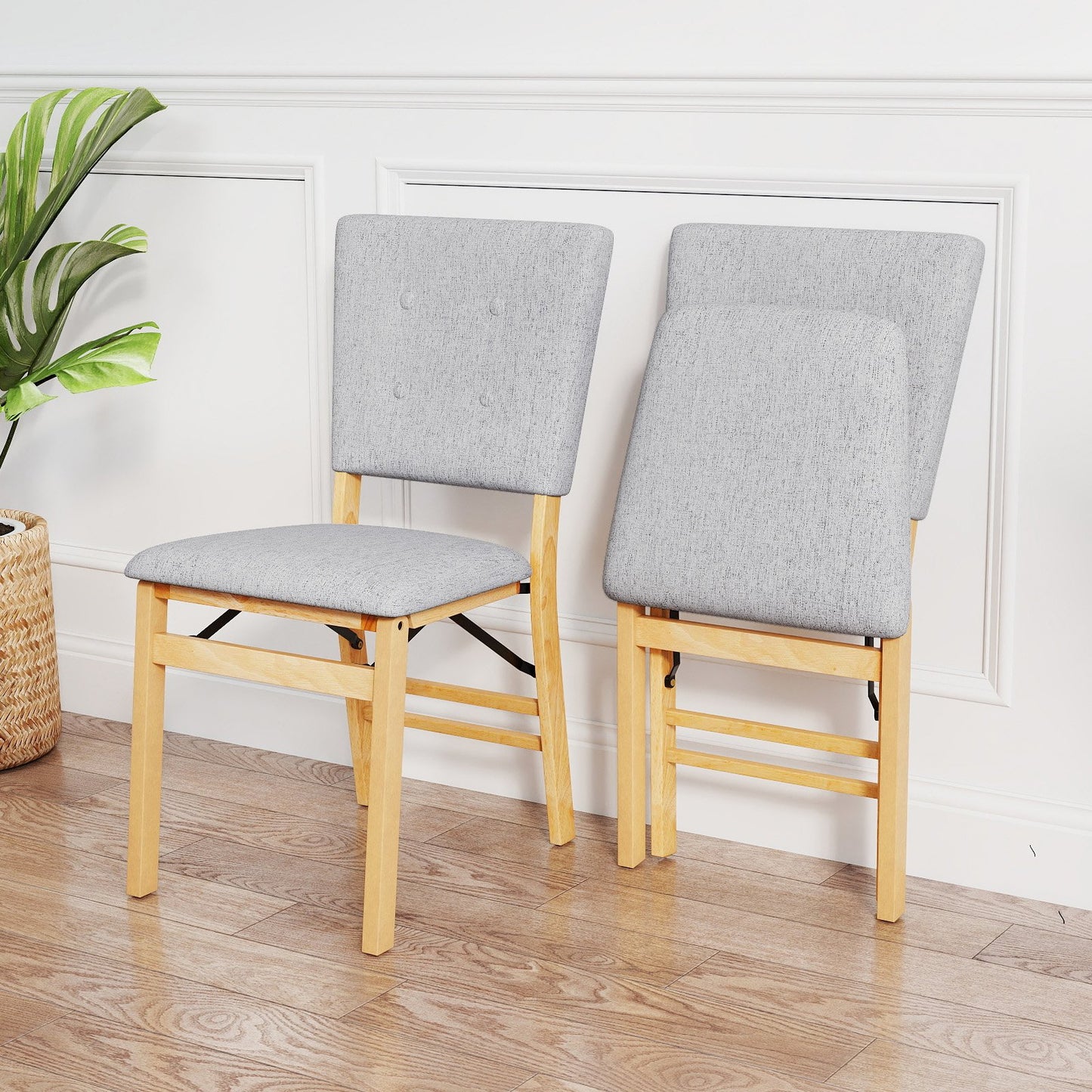 Foldable Dining Chair Set of 2 Armless Kitchen Chair with Padded Seat and Tilt Backrest-Beige