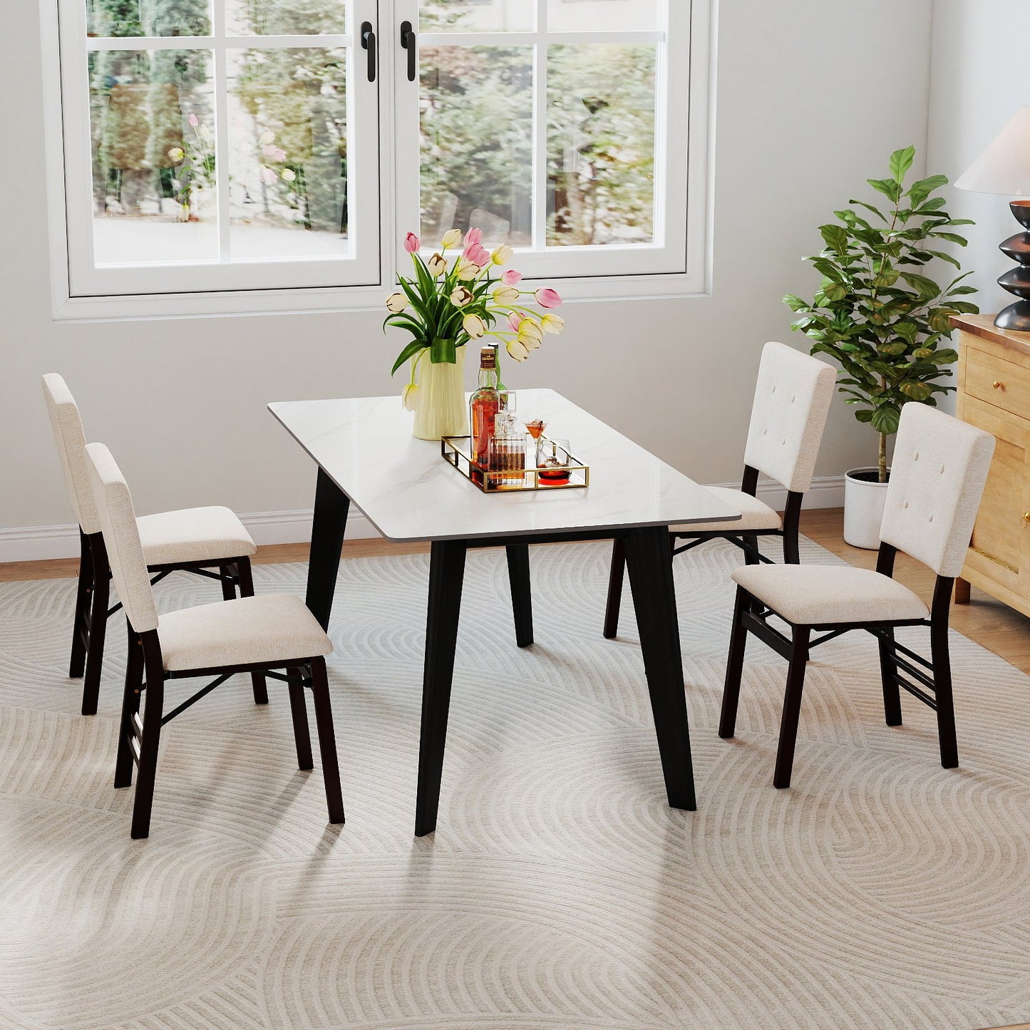 Foldable Dining Chair Set of 4 Armless Kitchen Chair with Padded Seat and Tilt Backrest-Beige