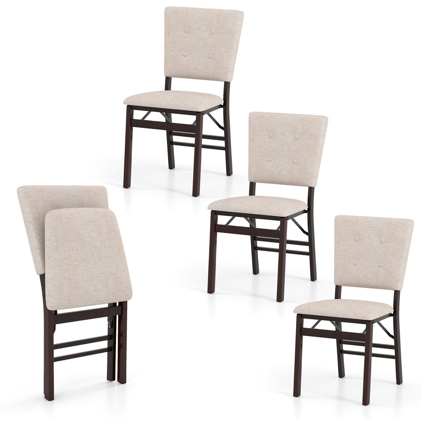 Foldable Dining Chair Set of 4 Armless Kitchen Chair with Padded Seat and Tilt Backrest-Beige