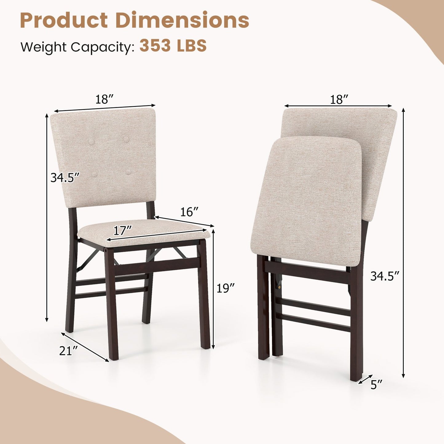 Foldable Dining Chair Set of 4 Armless Kitchen Chair with Padded Seat and Tilt Backrest-Beige