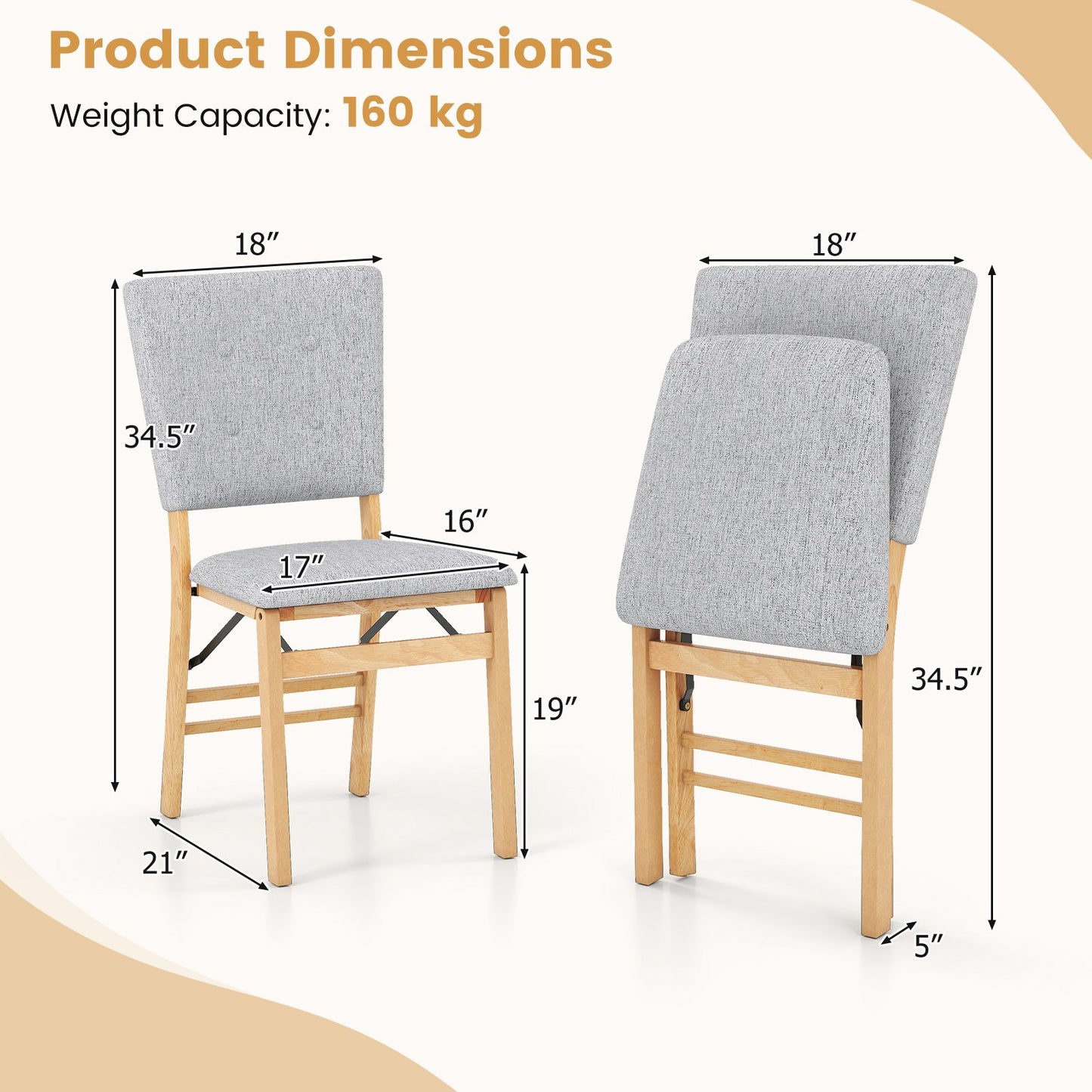 Foldable Dining Chair Set of 4 Armless Kitchen Chair with Padded Seat and Tilt Backrest-Beige