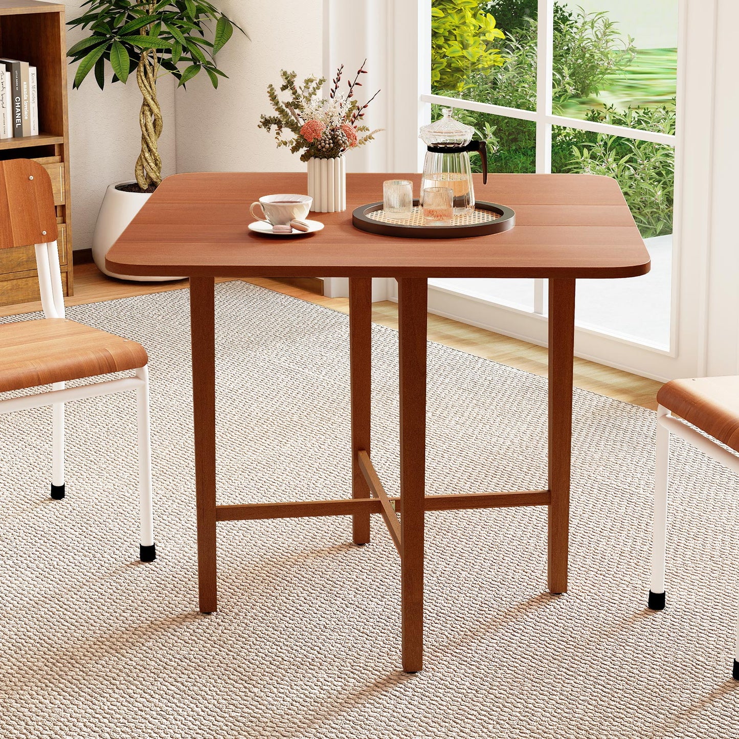 Foldable Dining Table for 2-4 People with Rubber Wood Legs for Small Space-Natural