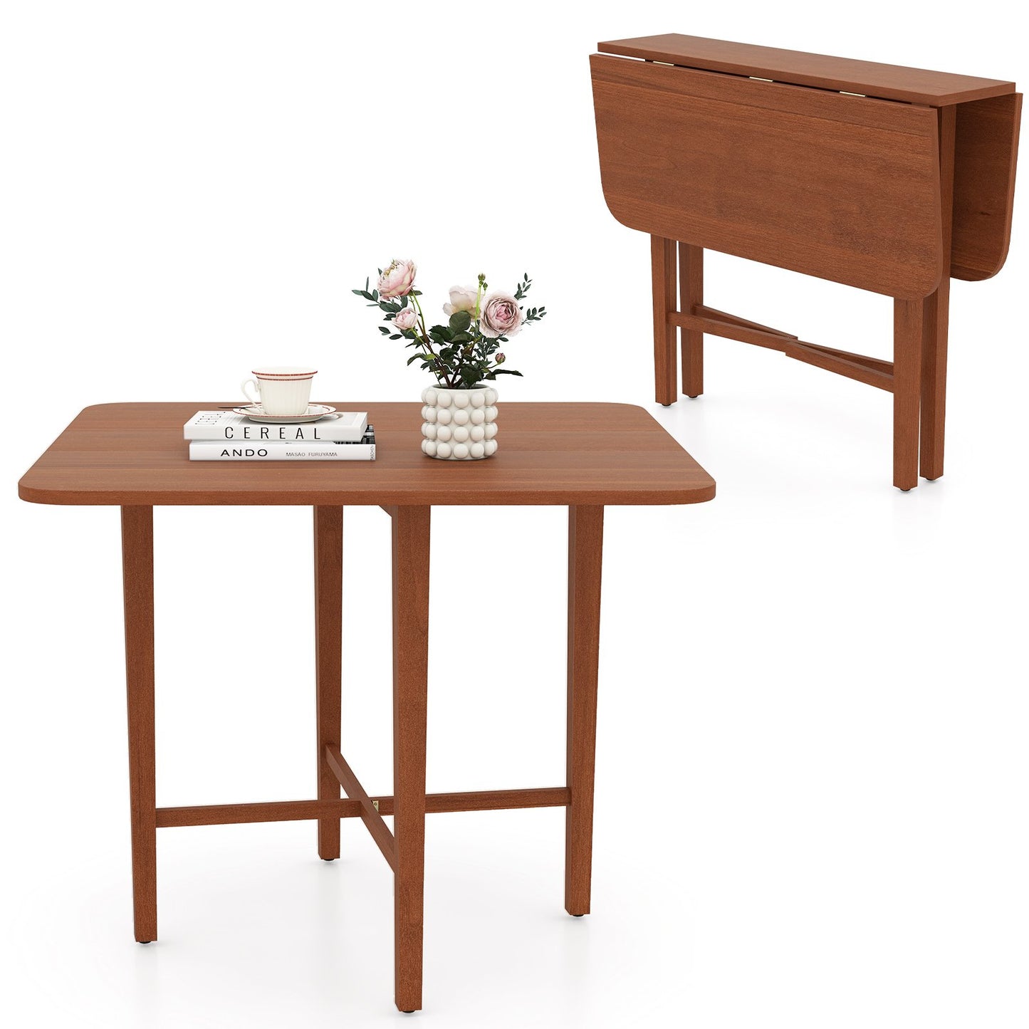 Foldable Dining Table for 2-4 People with Rubber Wood Legs for Small Space-Natural