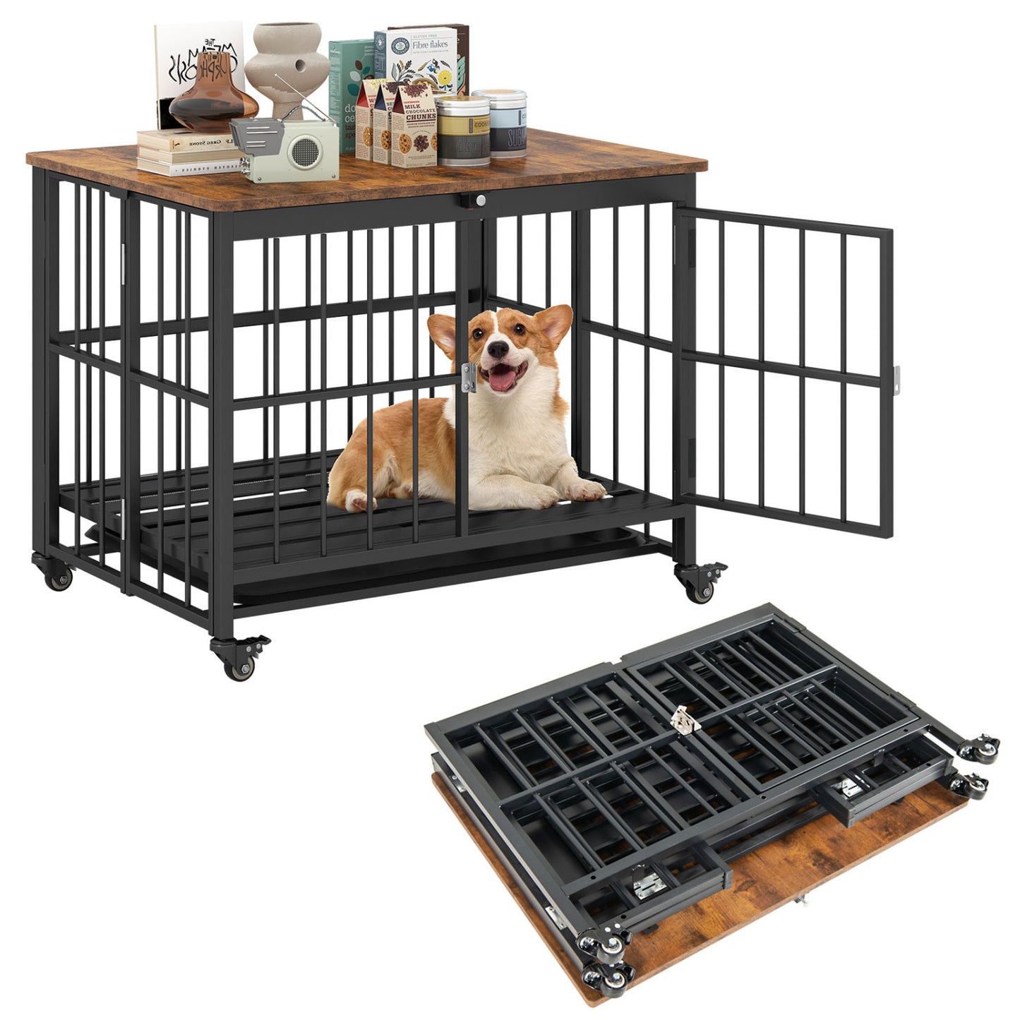 Foldable Dog Crate Furniture with Removable Tray and Lockable Door-S