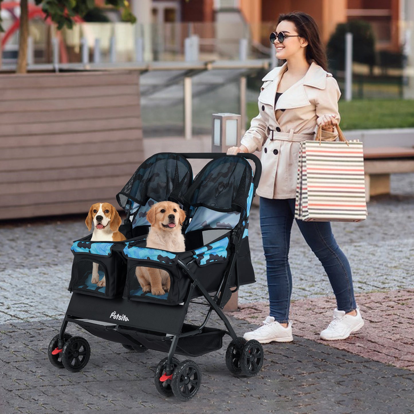 Foldable Double Pet Stroller with Adjustable Sunshade and Storage Basket-Black