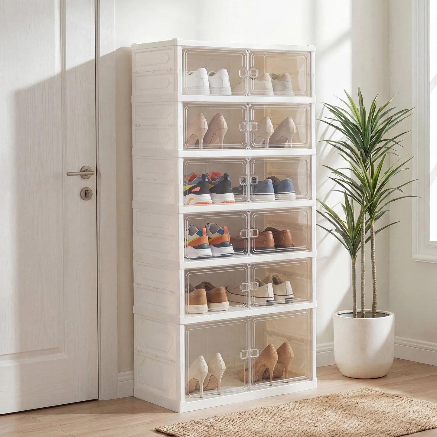 Foldable Shoe Rack Organizer 12-Pair 6-Tier Collapsible Shoe Cabinet-White