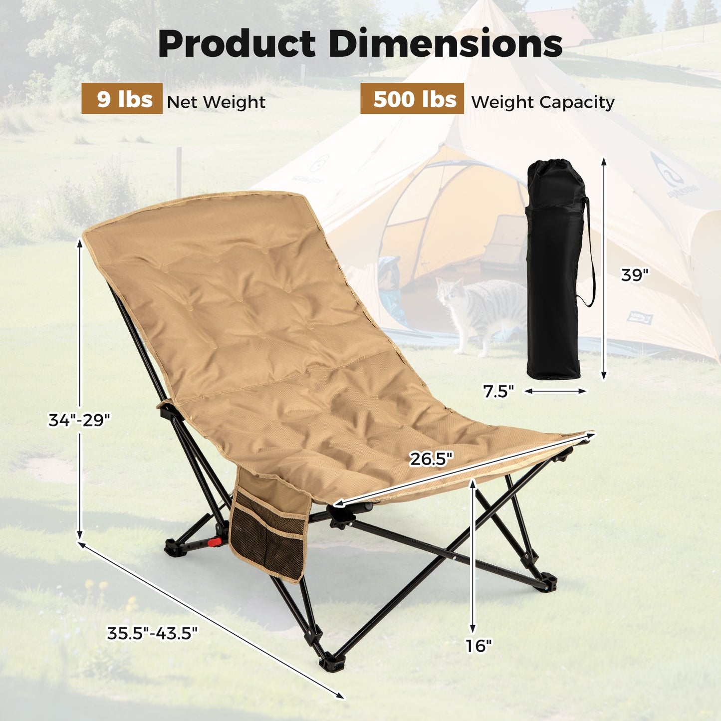 Folding Camping Chair for Adults with Adjustable Backrest and Carrying Bag-Khaki