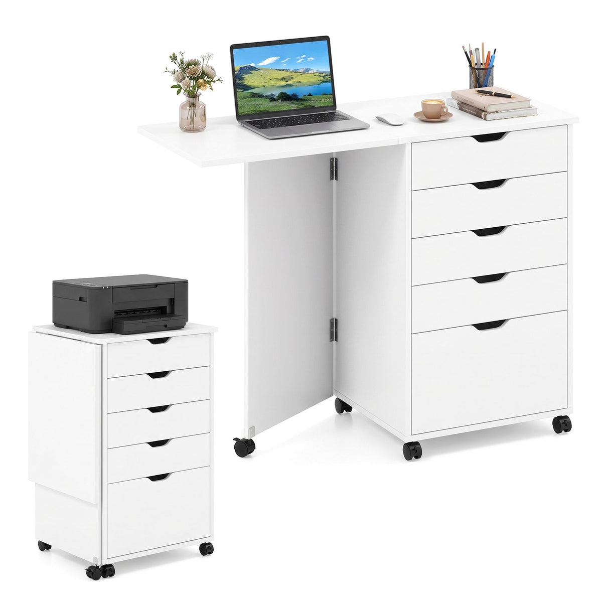 Folding Desk with Storage Drawers and Wheels for Dorms Apartments-Black