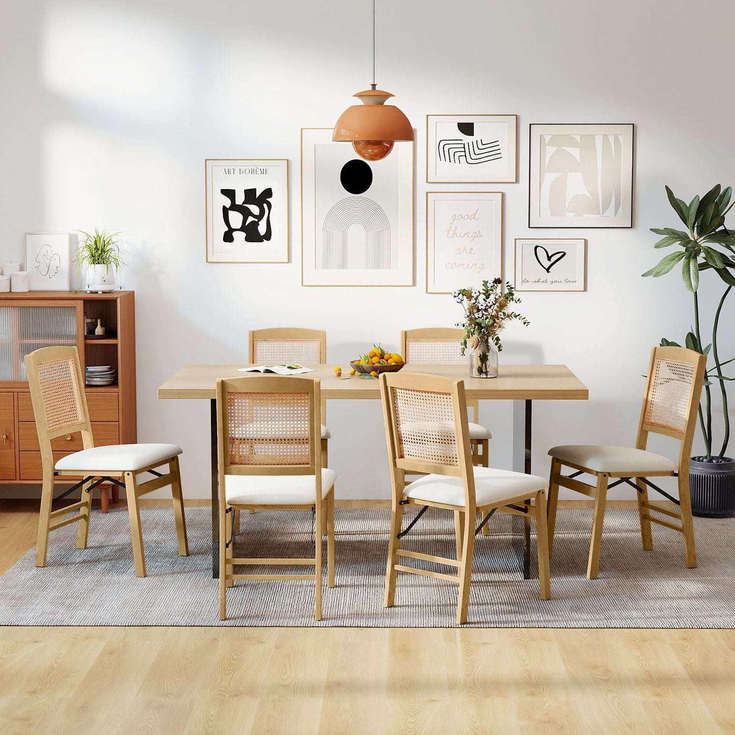 Folding Dining Chairs Set of 4 Rubber Wood Chairs with Linen Padded Seat-Coffee