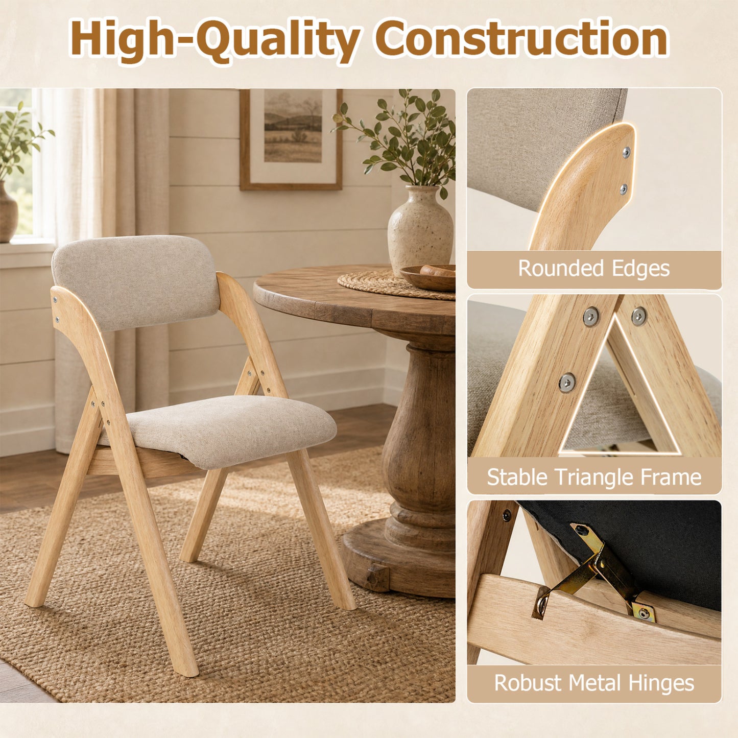 Folding Dining Chairs Set of 4 with Cushion-Beige