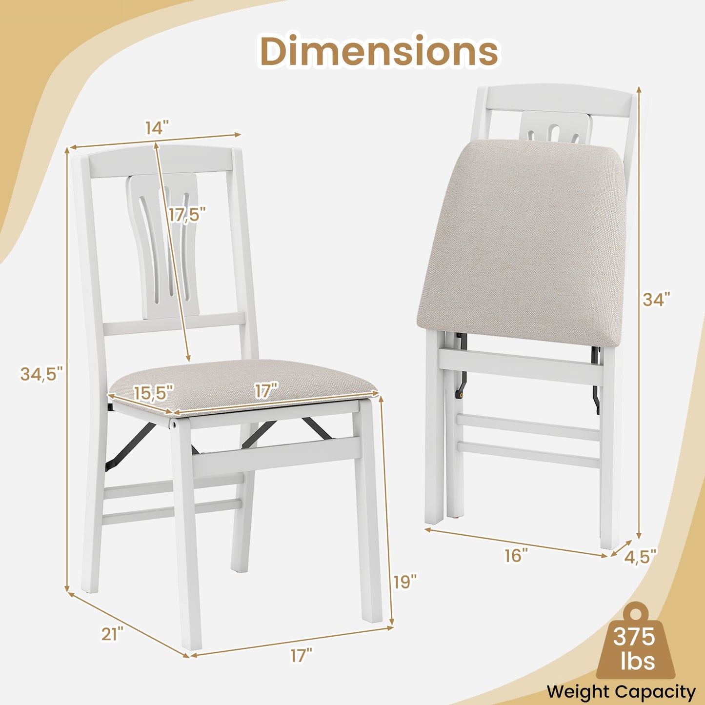 Folding Kitchen Chairs Set of 4 Upholstered Dining Chairs with Comfy Padded Seats-White