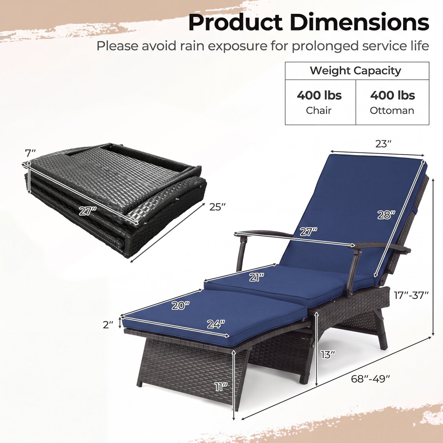 Folding Wicker Chaise Lounge with Slide-Out Ottoman11-Level Adjustable Backrest to Flat and Sun-Proof PE Rattan-Black