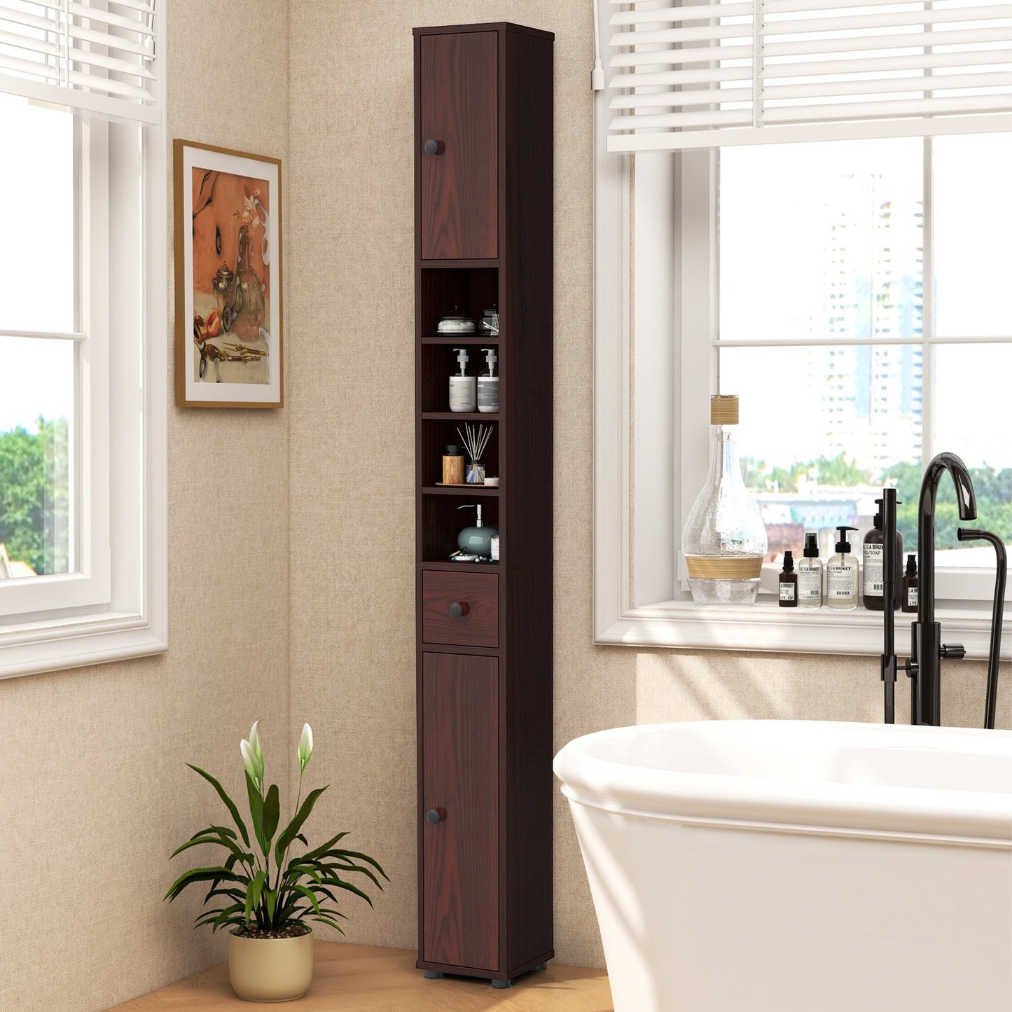 Freestanding Slim Bathroom Cabinet with Drawer and Adjustable Shelves-Black