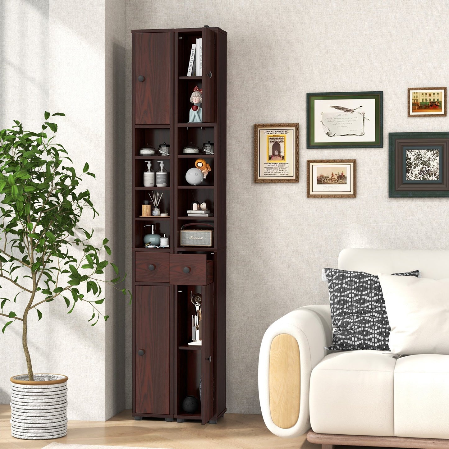 Freestanding Slim Bathroom Cabinet with Drawer and Adjustable Shelves-Black