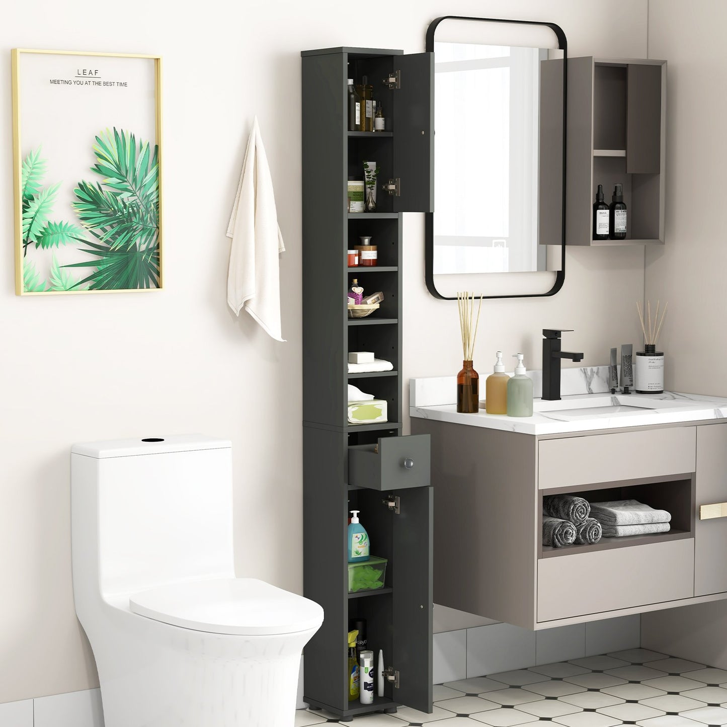 Freestanding Slim Bathroom Cabinet with Drawer and Adjustable Shelves-Black
