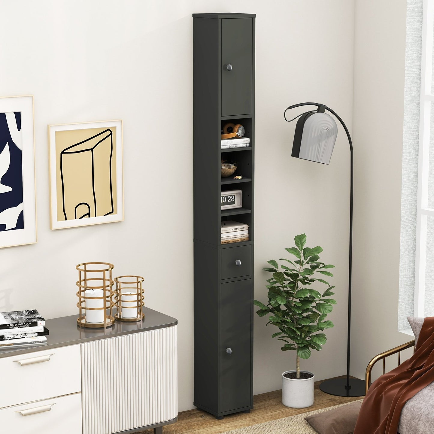 Freestanding Slim Bathroom Cabinet with Drawer and Adjustable Shelves-Black