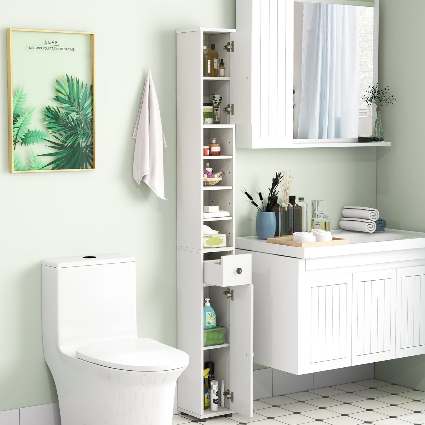 Freestanding Slim Bathroom Cabinet with Drawer and Adjustable Shelves-Black