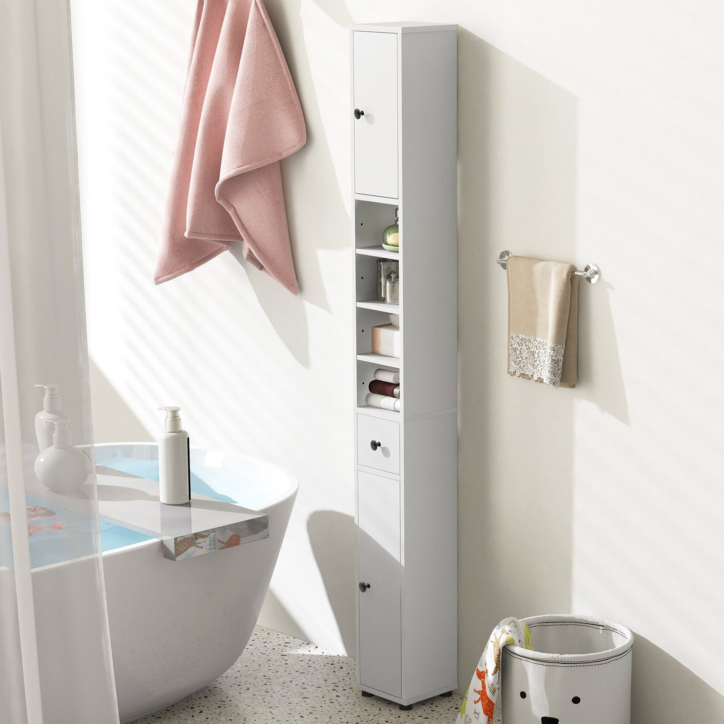 Freestanding Slim Bathroom Cabinet with Drawer and Adjustable Shelves-Black