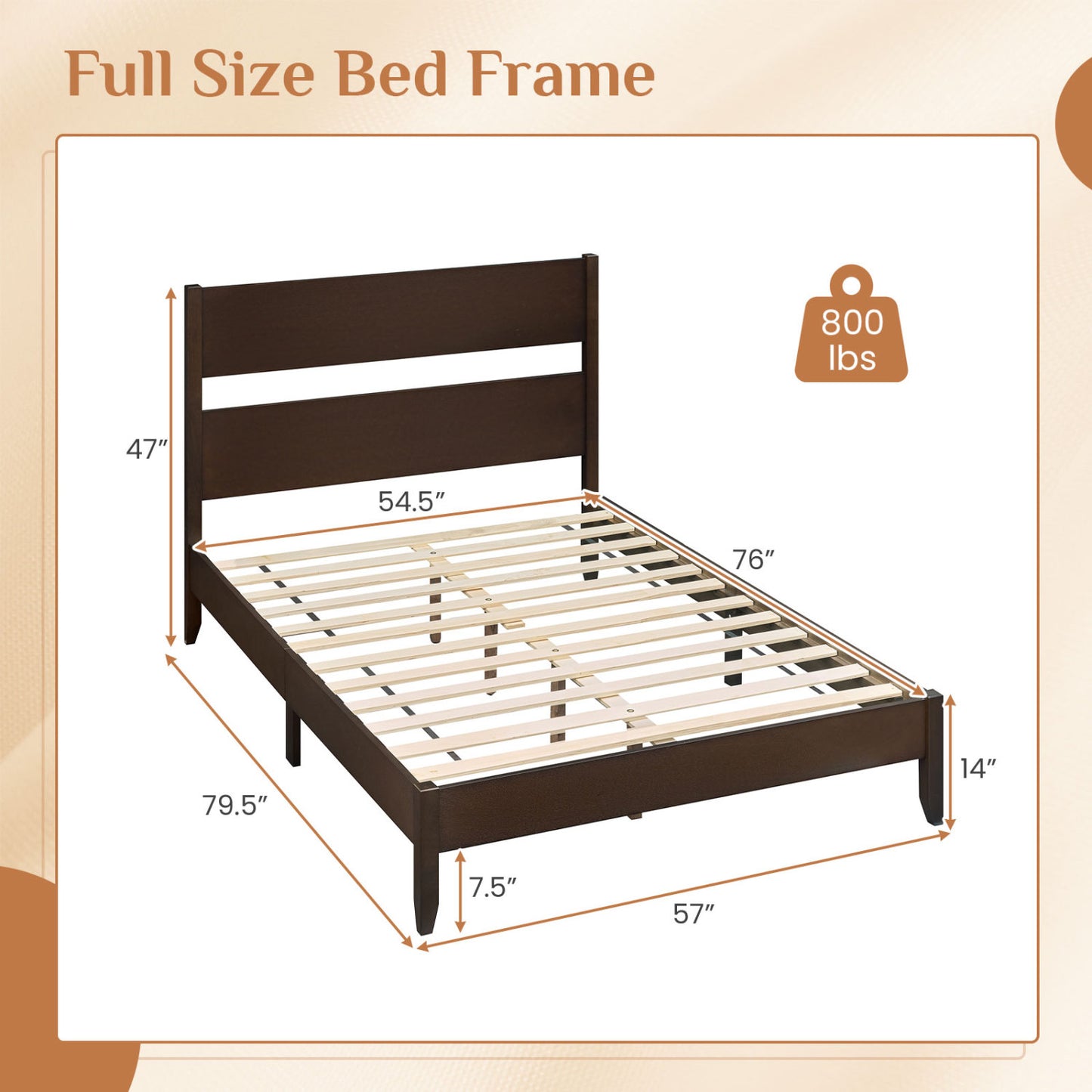 Full Bed Frame with Headboad and Solid Wood Legs 12 Slats-Warm Brown