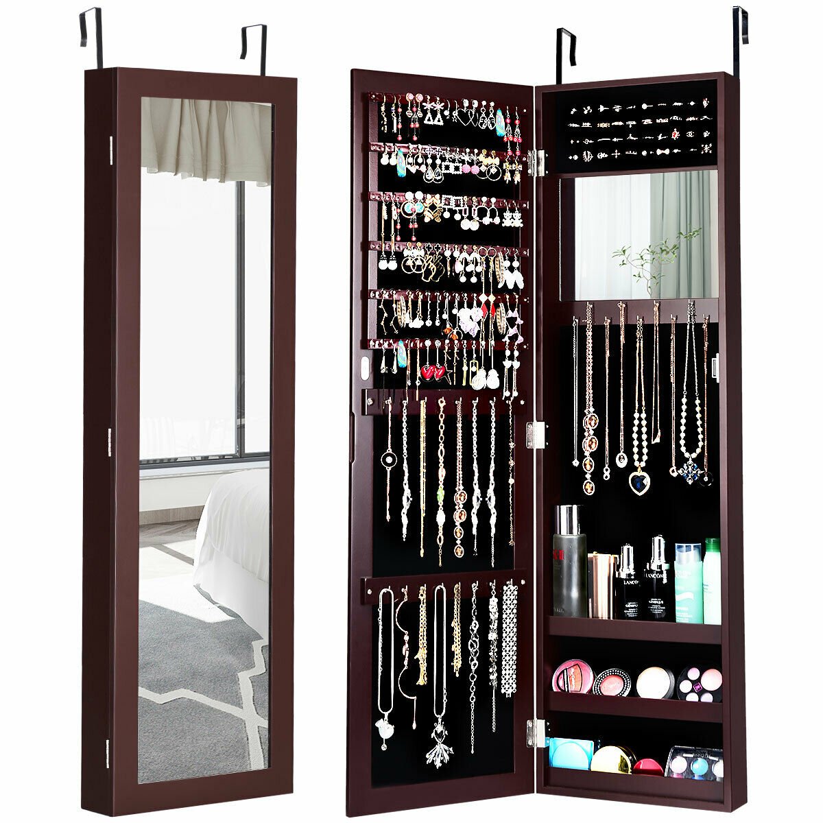 Full Length Mirror Jewelry Cabinet with Ring Slots and Necklace Hooks-Black
