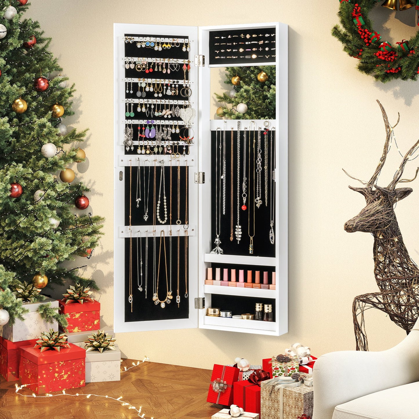 Full Length Mirror Jewelry Cabinet with Ring Slots and Necklace Hooks-Black