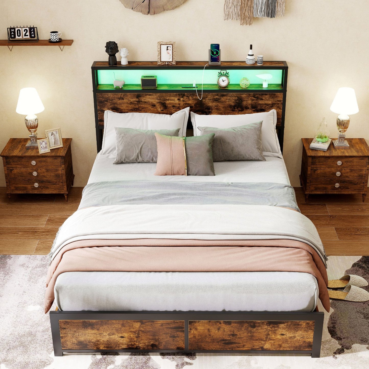 Full/Queen Size LED Bed Frame with Charging Station and 4 Storage Drawers-Queen