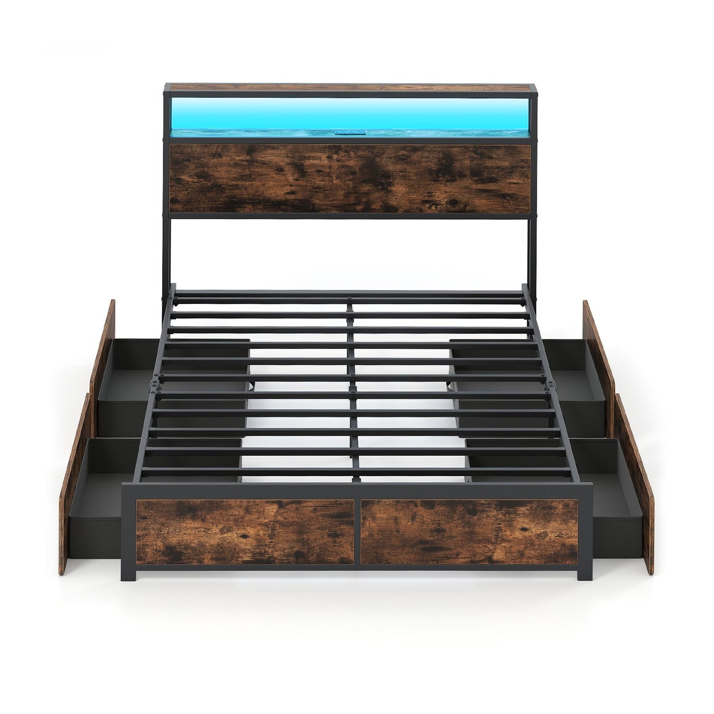 Full/Queen Size LED Bed Frame with Charging Station and 4 Storage Drawers-Queen