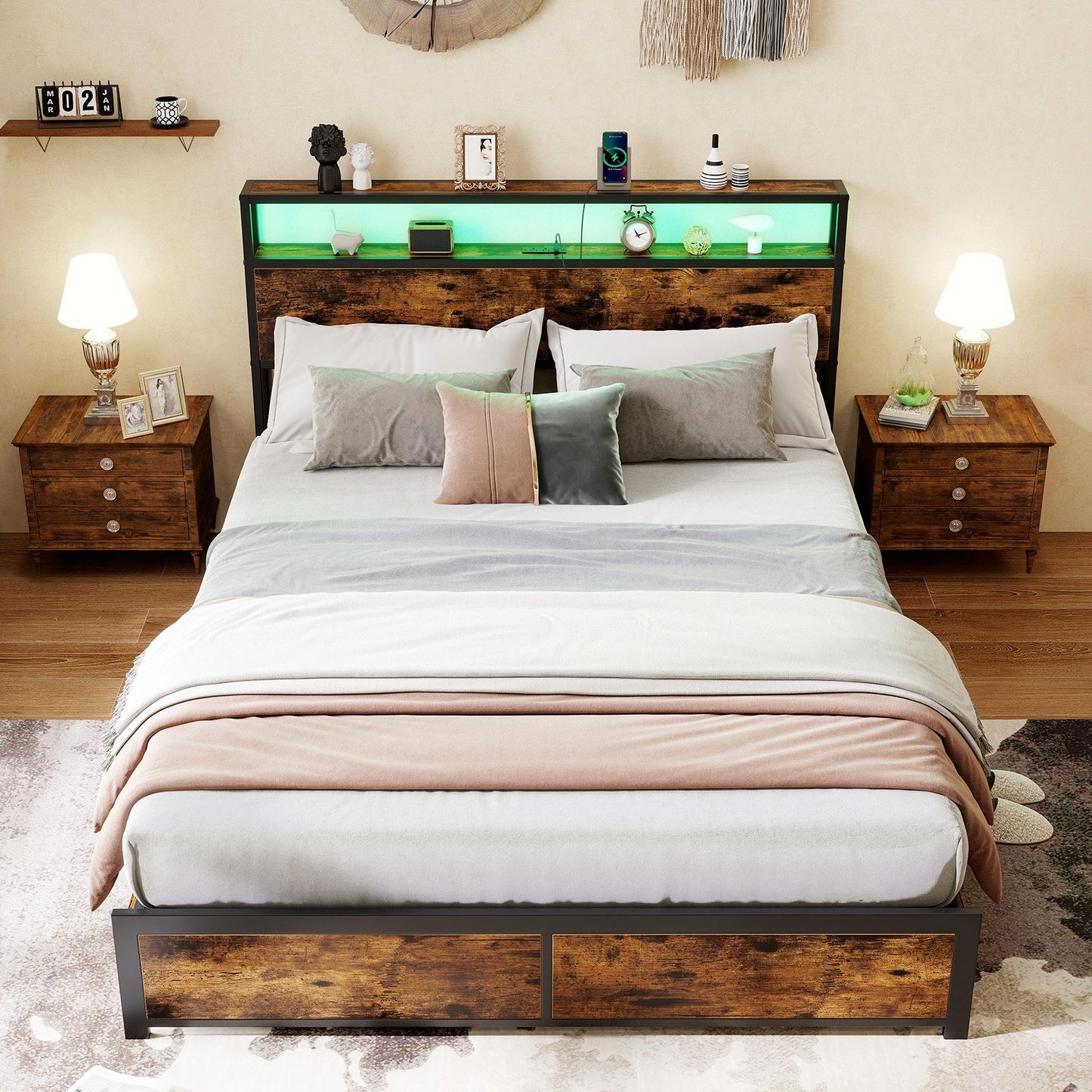 Full/Queen Size LED Bed Frame with Charging Station and 4 Storage Drawers-Queen