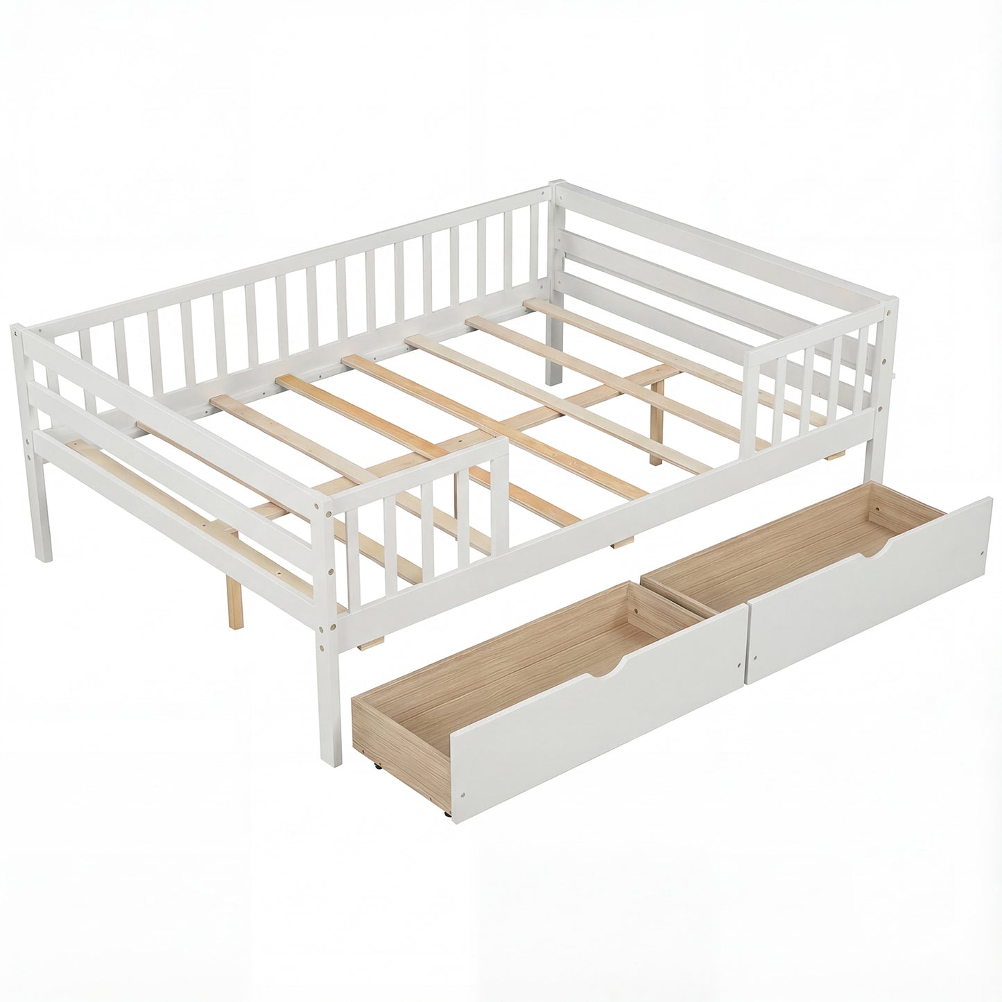 Full Size Daybed with Fence and 2 Drawers for Boys and Girls-Gray
