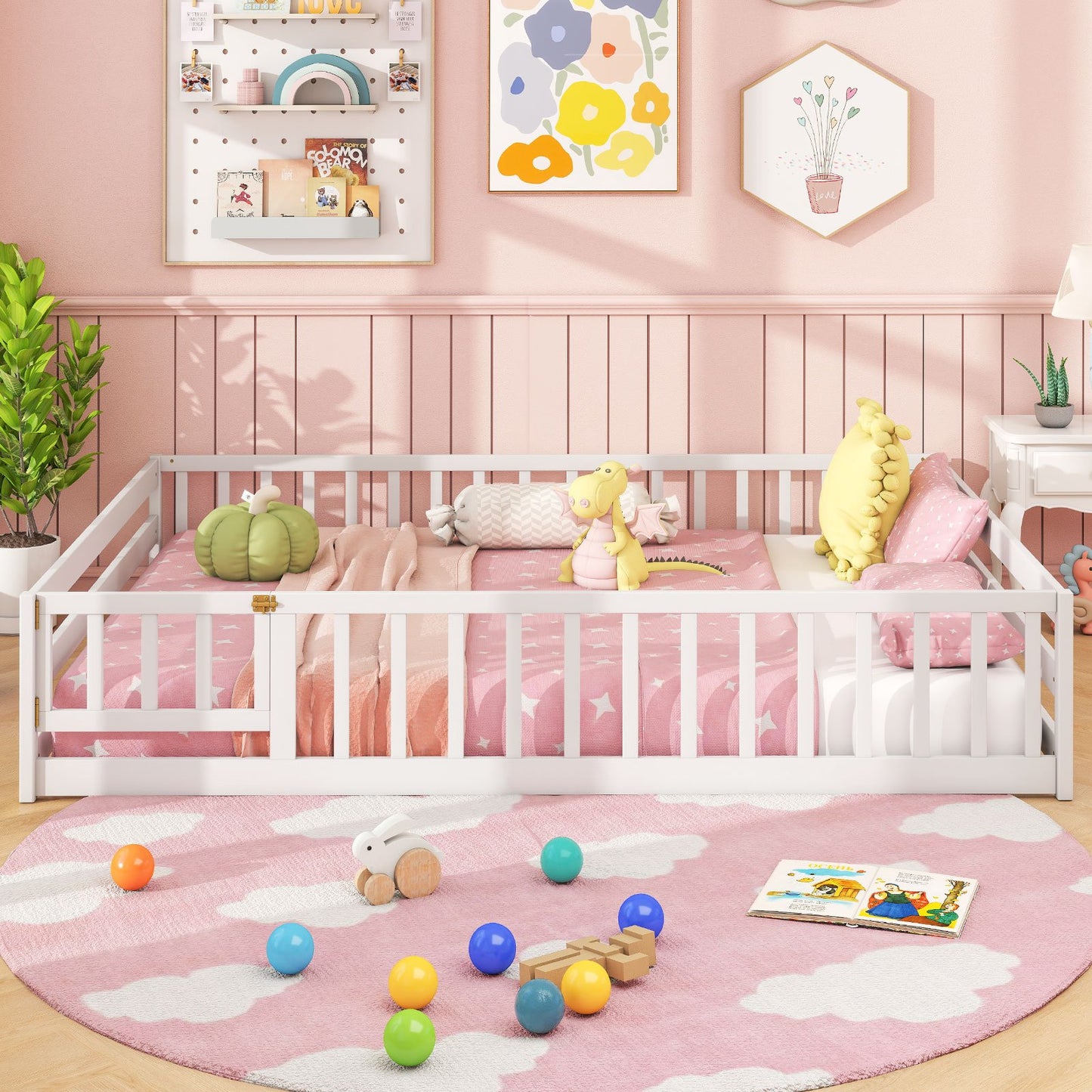 Full Size Floor Bed with Full Length Safety Guardrails-Dark Green