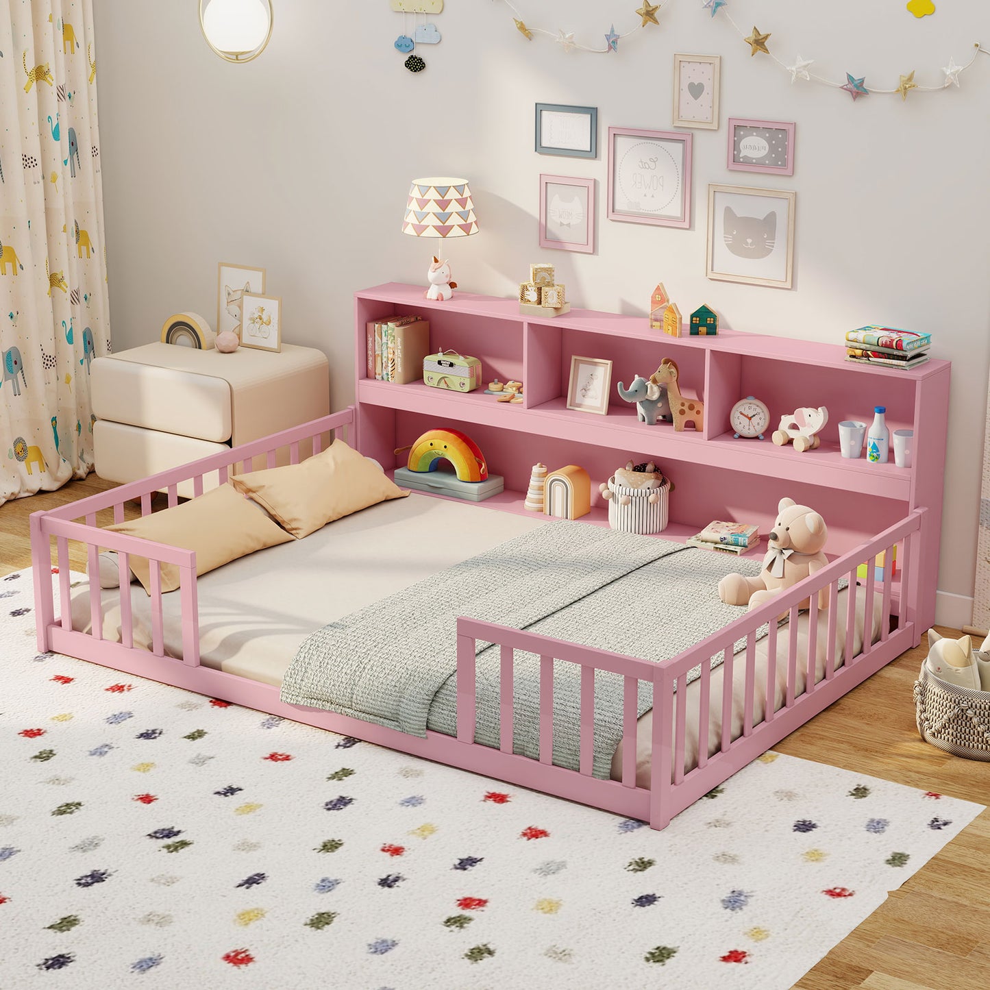 Full Size Montessori Floor Bed with Bookcase-Natural
