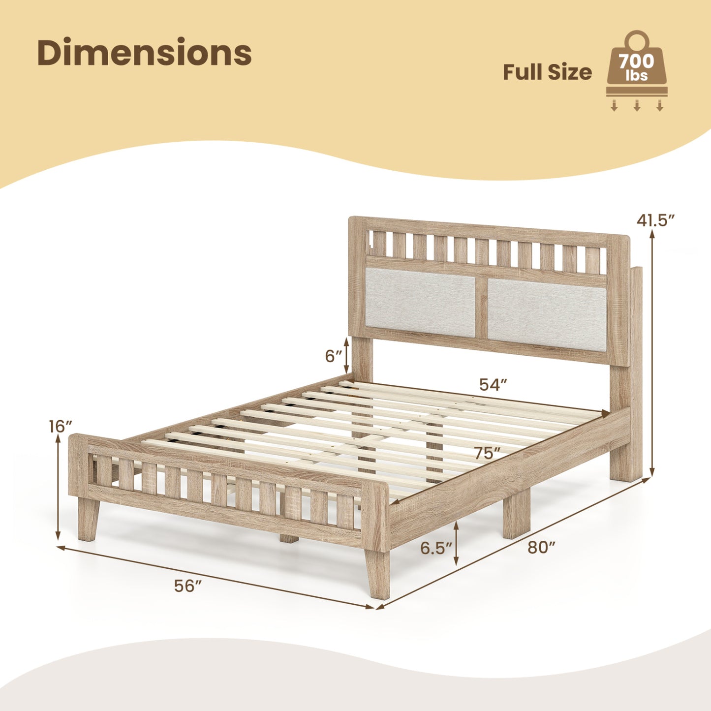 Full Size Wood Bed Frame with Upholstered Headboard Mid Century Style