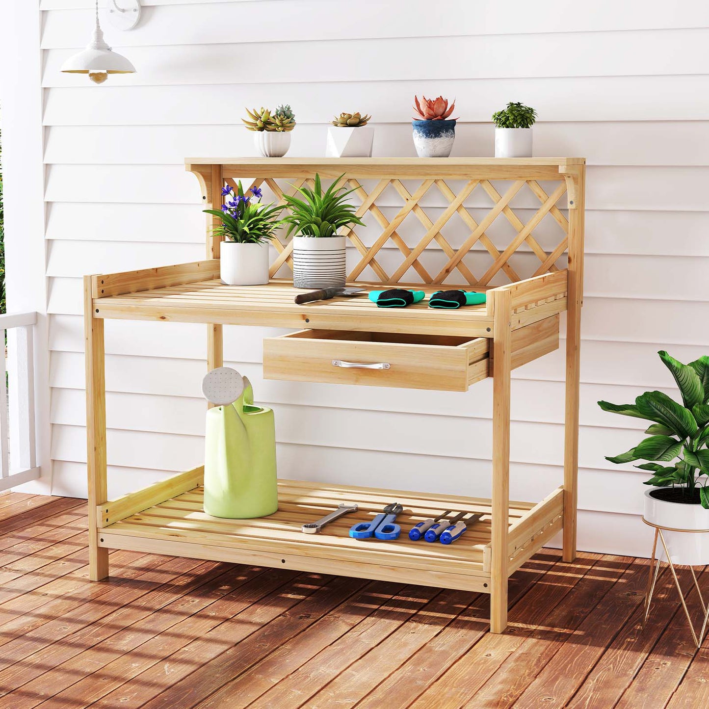 Garden Potting Bench Table Wooden Planting Workstation with Lattice Trellis